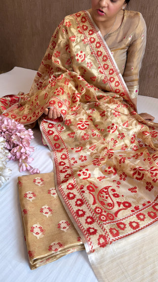 Iktara tissue silk red meenakari jungla jamdani suit set