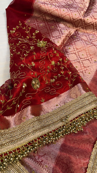 Trousseau edit — Hot blood red husn tissue silk hand embroidered saree