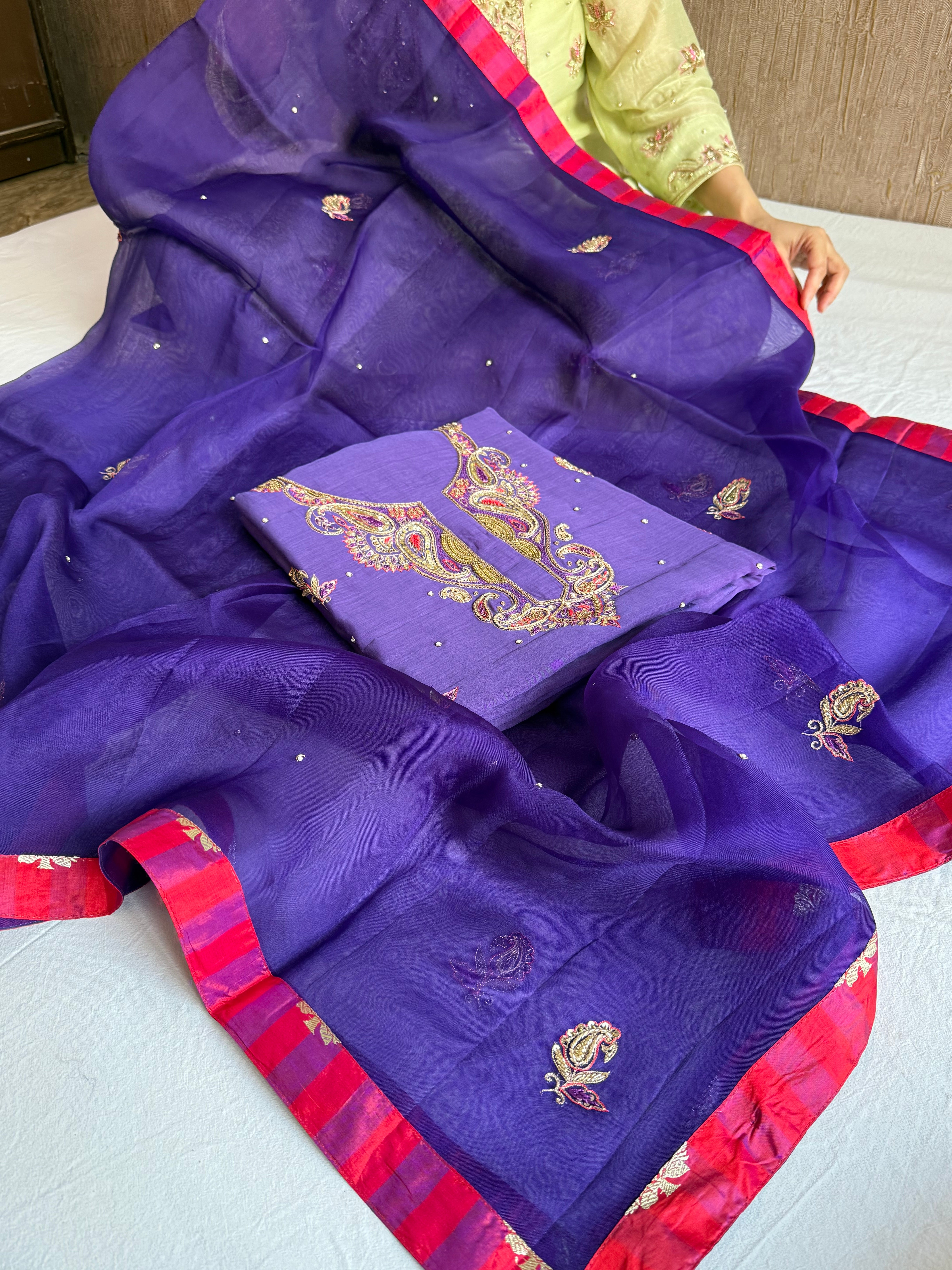 Banarasi formal wear mul cotton royal purple hand embroidered kadhwa suit paired with banarasi border kora silk duppata