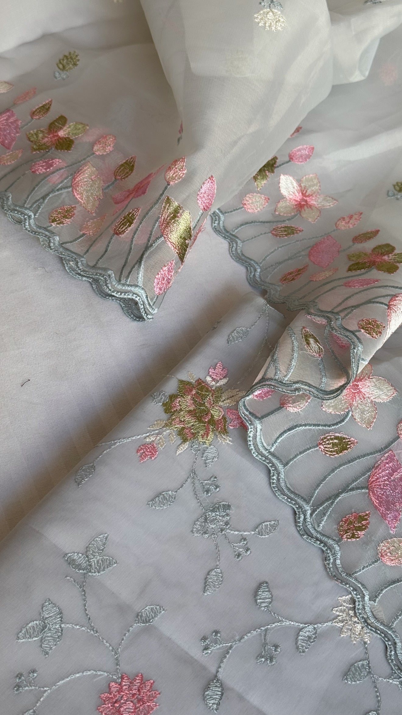 Ice blue kora silk banarasi parsi gara hand embroidered kadhwa suit set