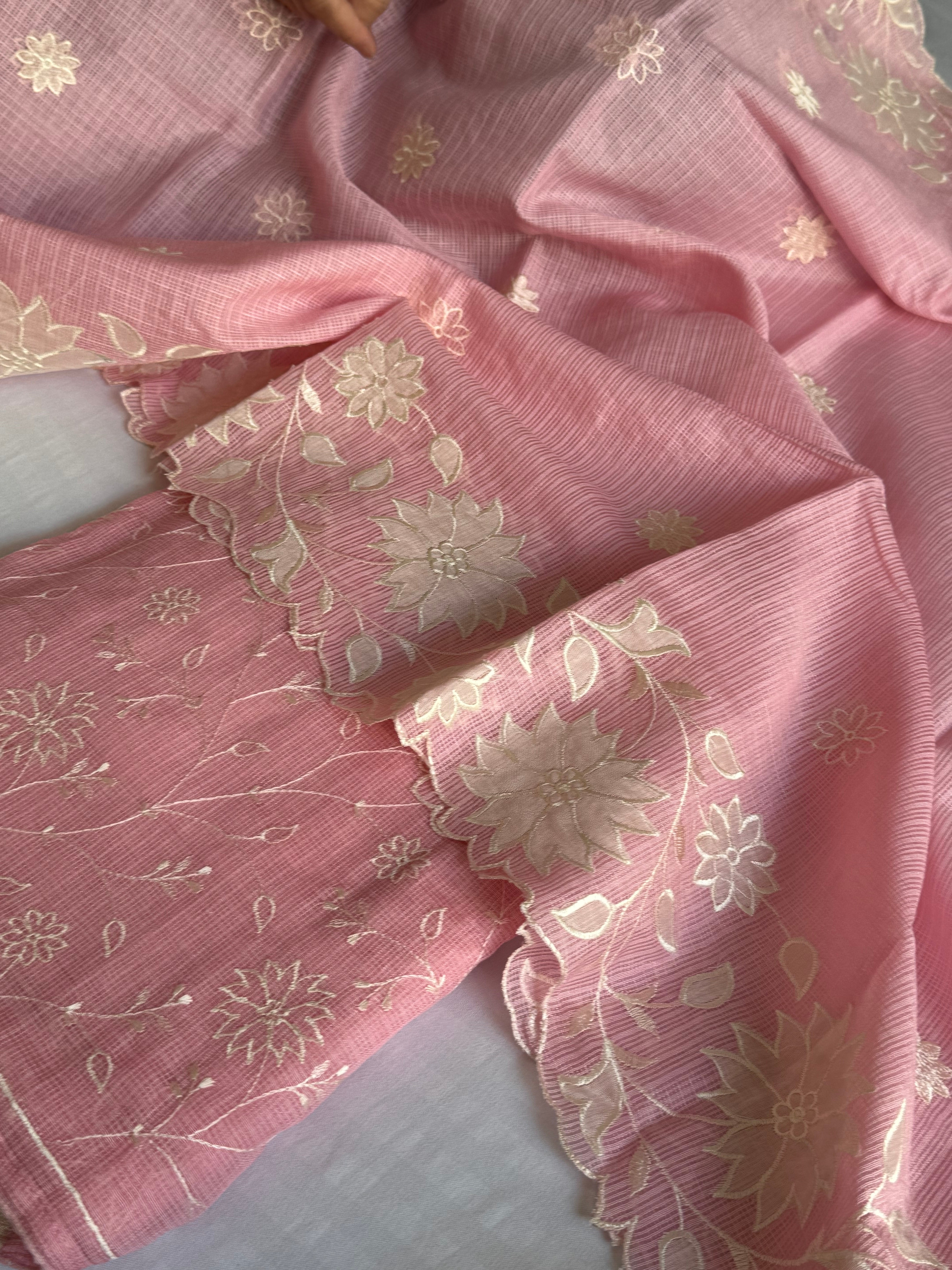 Peachy pink kota check appliqué work kadhwa suit set