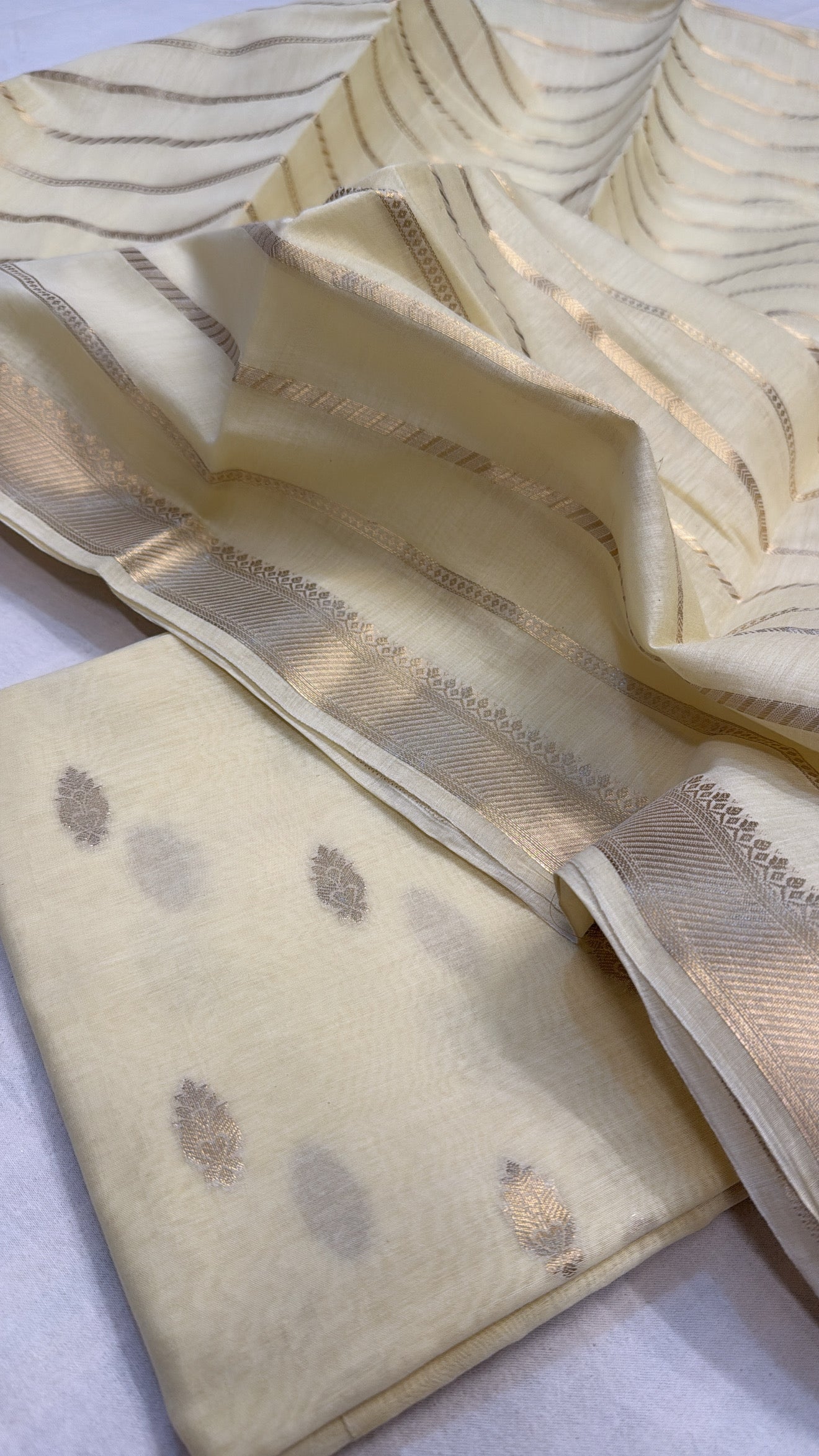 Lime yellow mul banarasi cotton kadhwa buti suit set