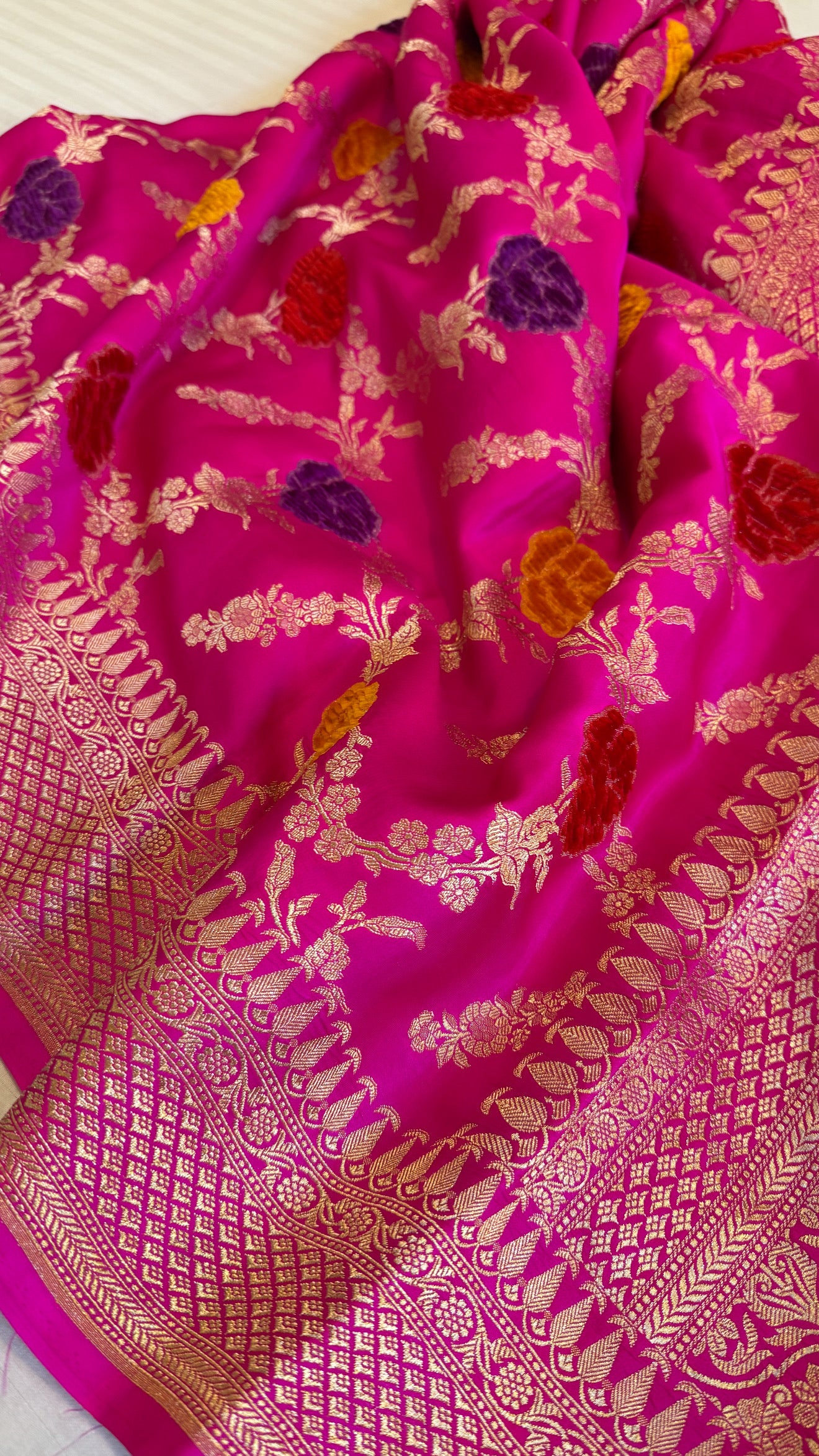 Hot pink banarasi mashru silk velvet buti kadhwa weaving saree