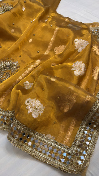 Dulhan wali saree - Olive mustard gold tissue silk hand embroidered saree