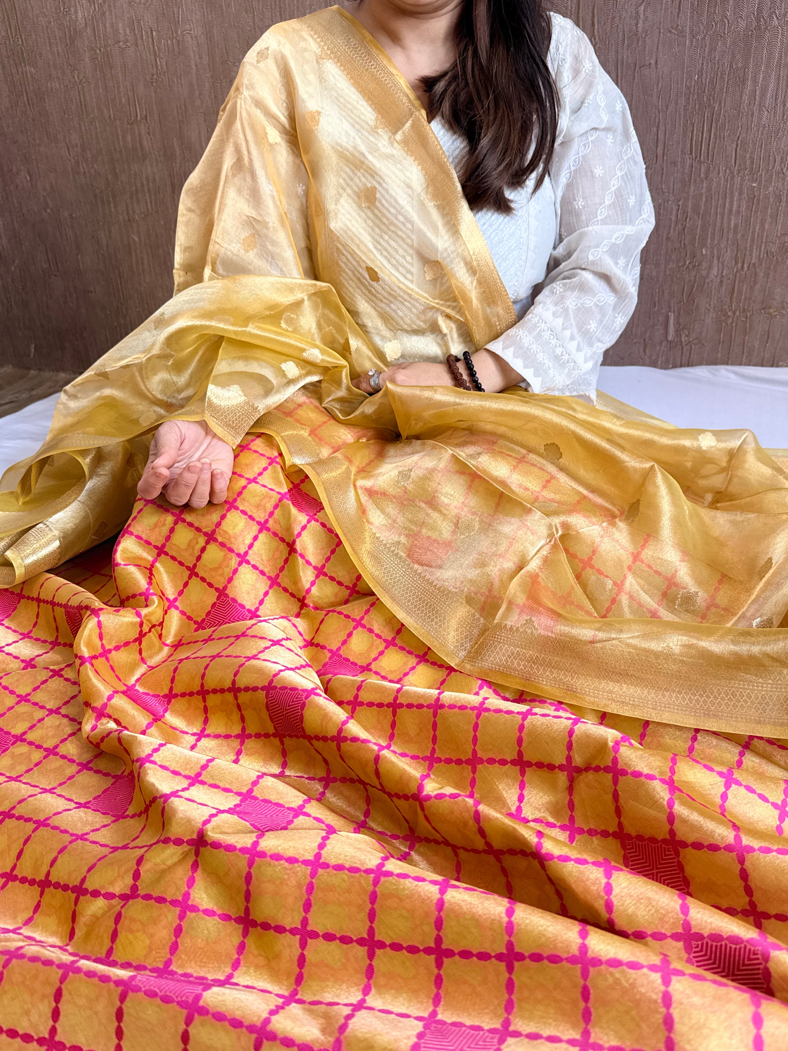 Below 10k - Haldi yellow tissue silk meenakari weaving suit set