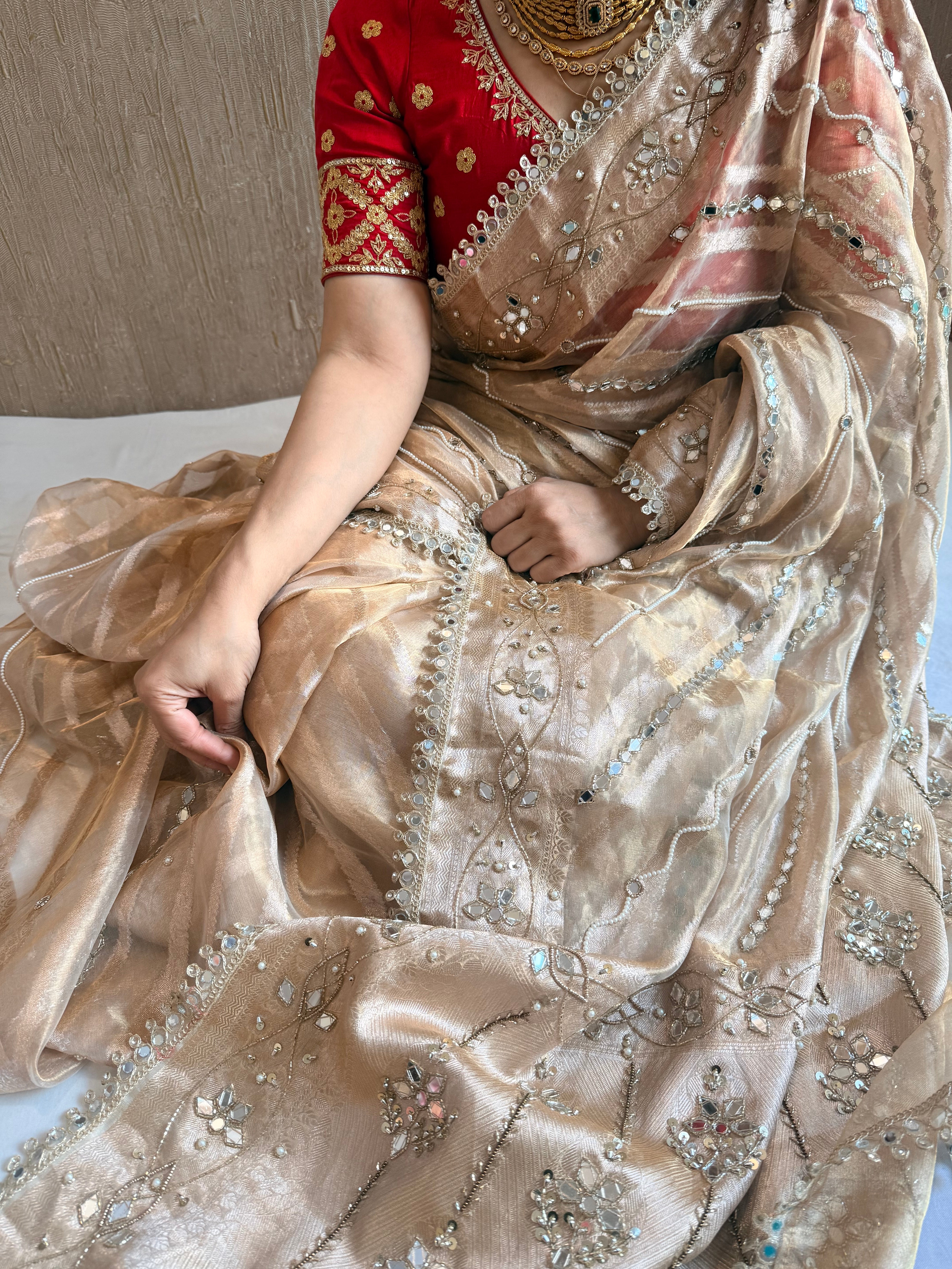 Butter gold tissue silk mirror work hand embroidered kadhwa saree