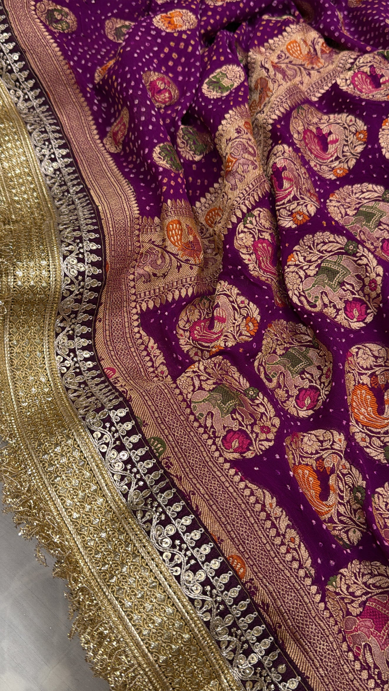 Magenta purple banarasi chiffon gorgette rai bandhej kadhwa saree