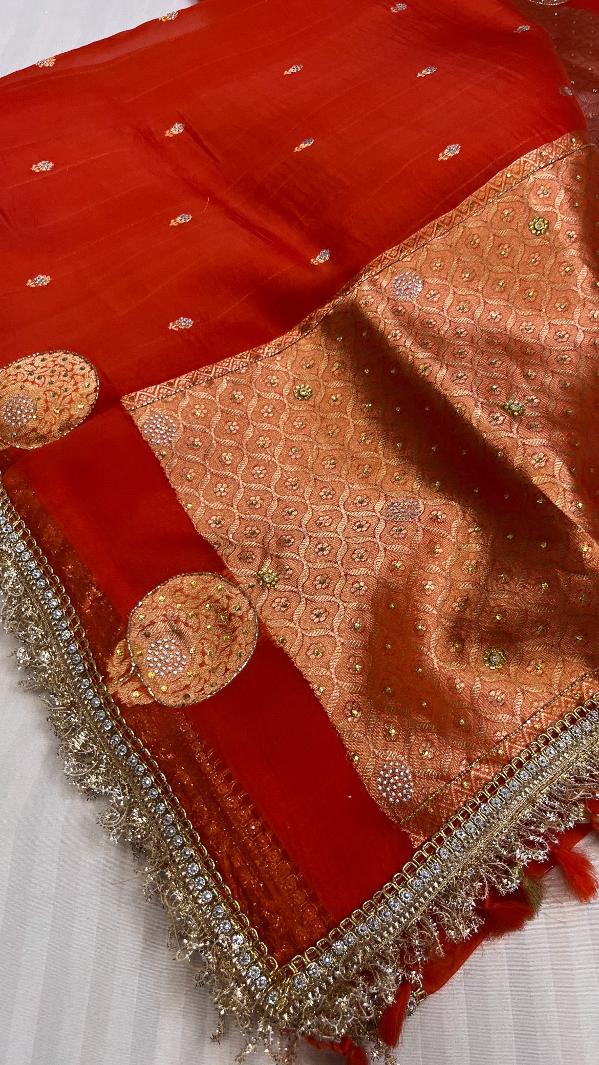 Fanta red sitara kora silk stonework saree