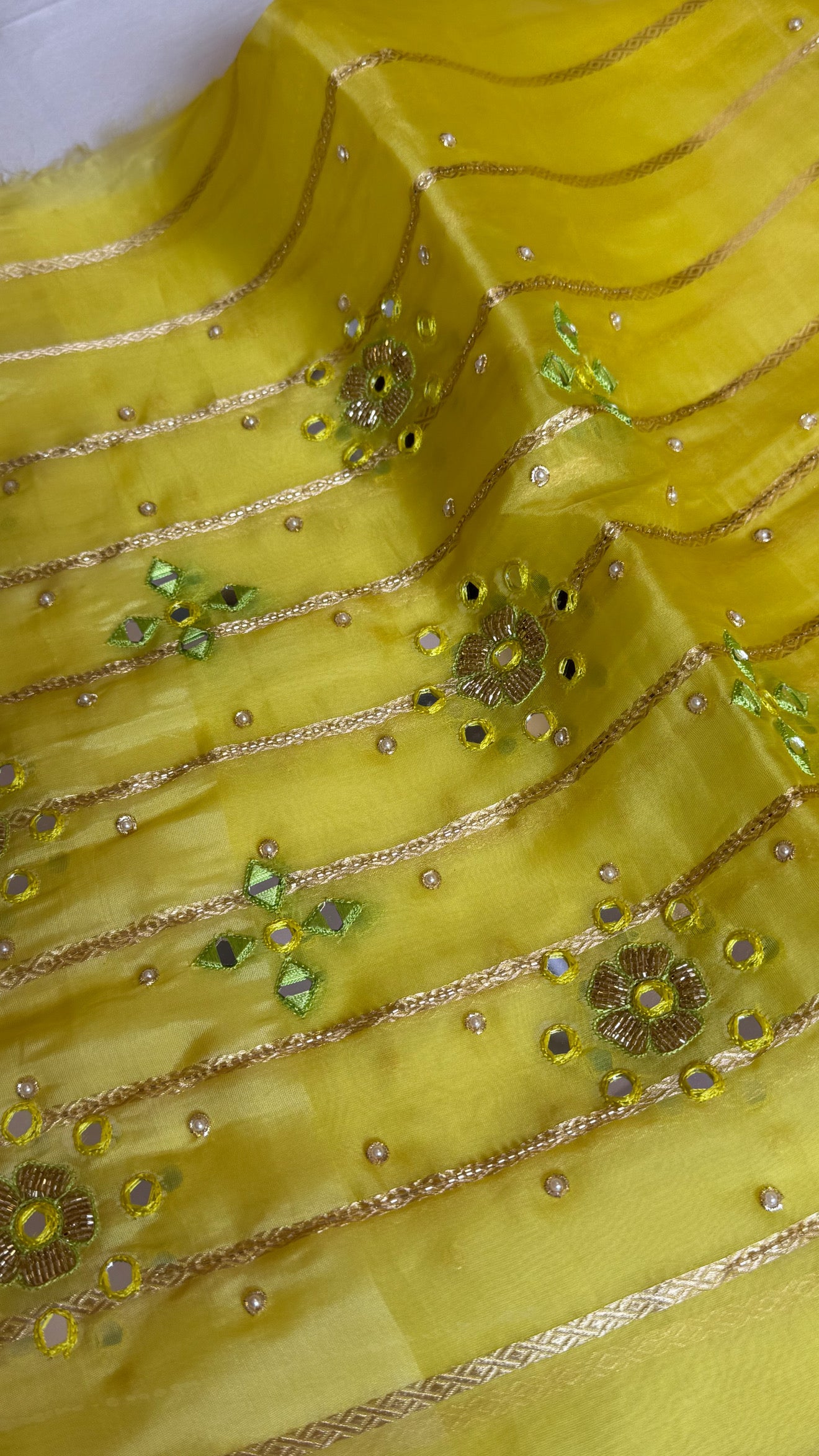 Lemon yellow banarasi kora silk hand embroidered saree