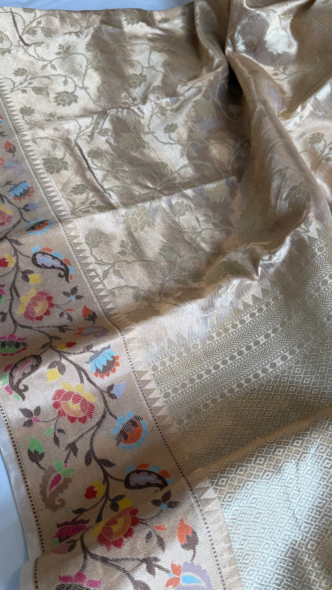 Paithani border kanjivaram banarasi tissue silk meenekari kadhwa saree