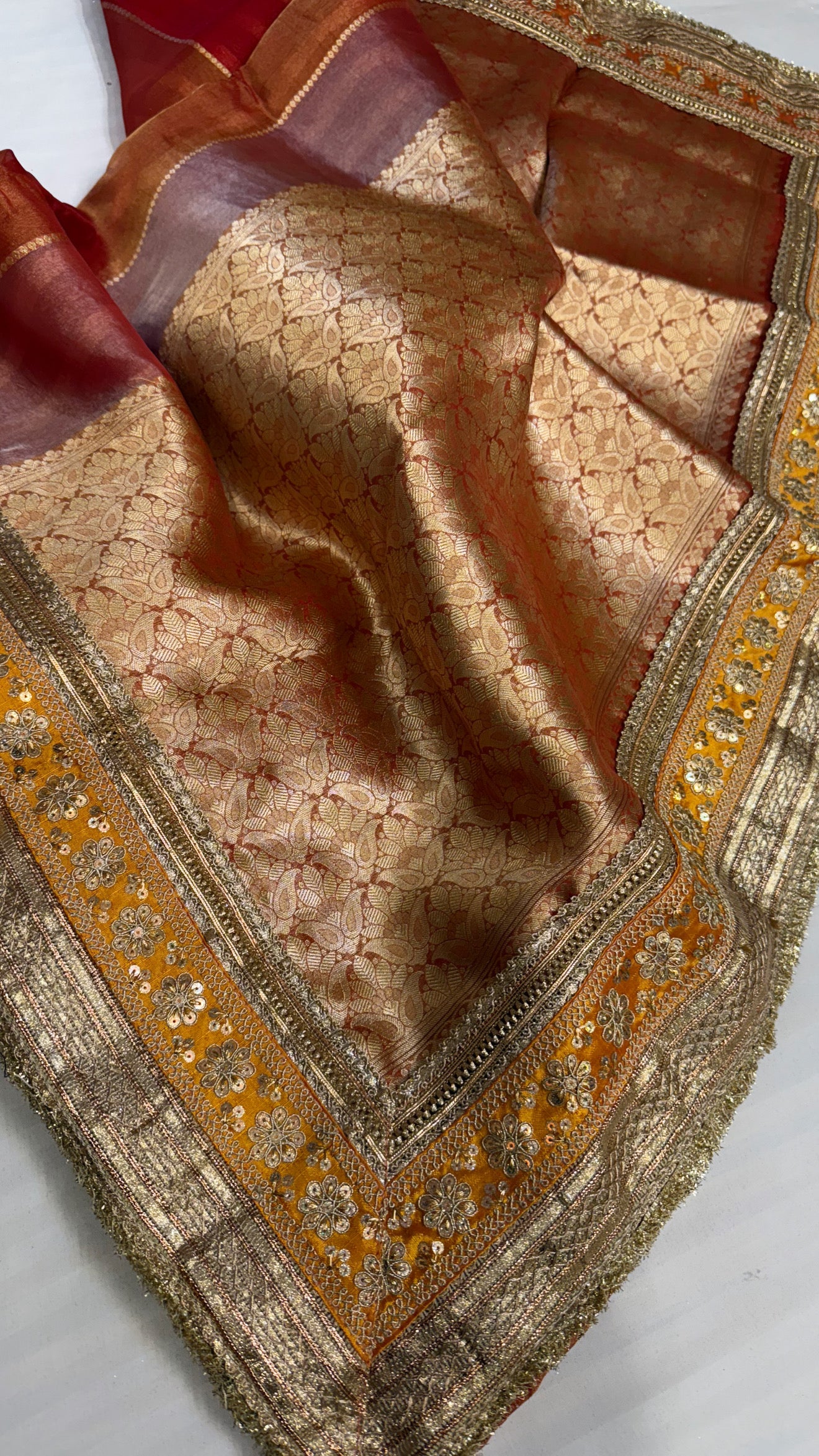 Maharani tomato red tissue silk kadhwa striped saree