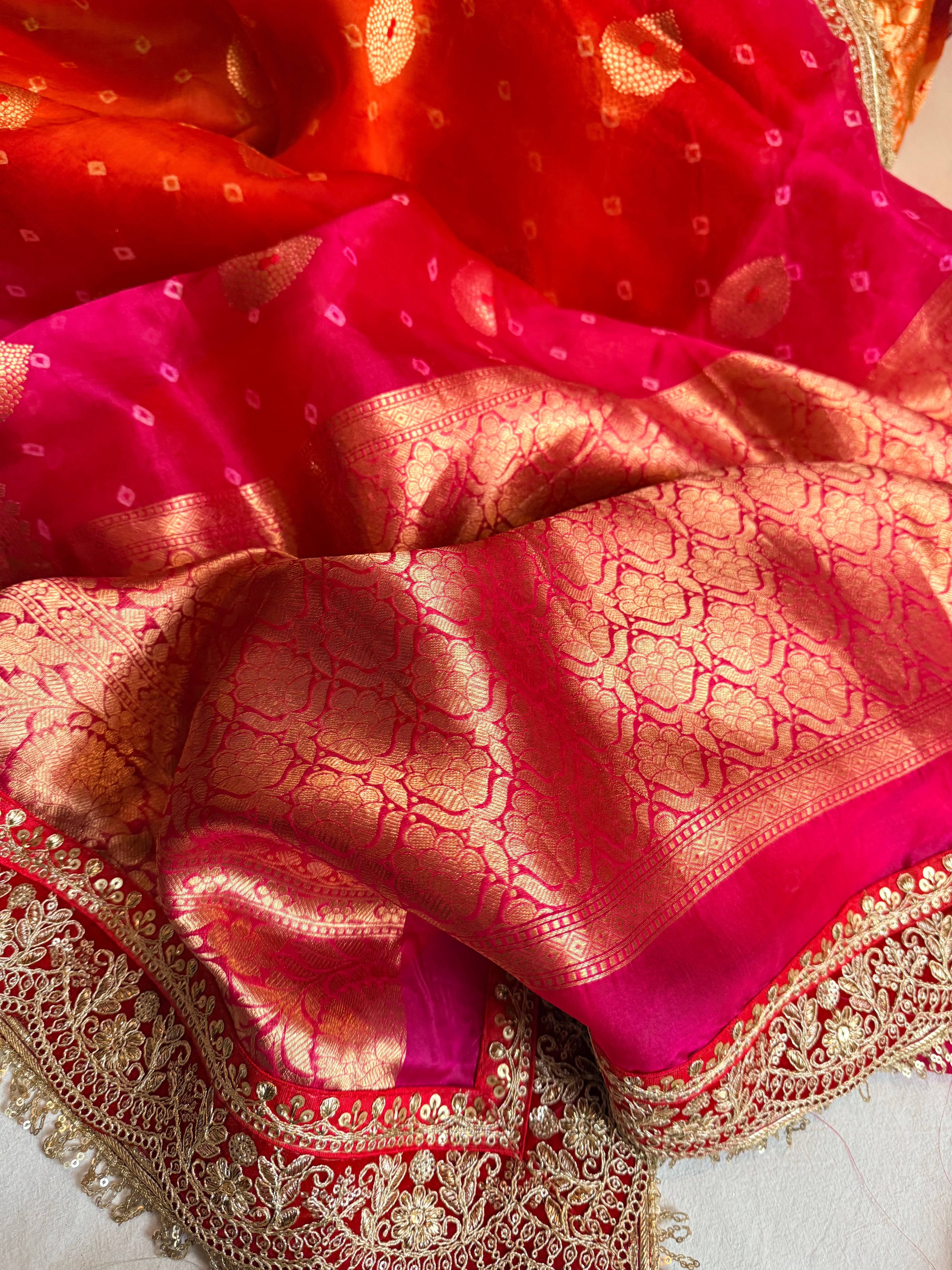 Mayra wali saree - Kora silk bandhej work meenakari gotapatti saree