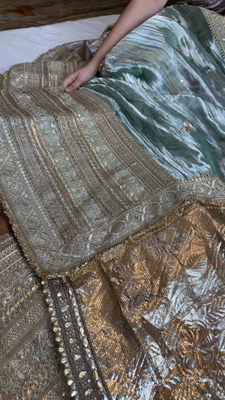 Lehenga style saree edit - Blush blue diamond tissue silk tilli work gotapatti skirt border saree