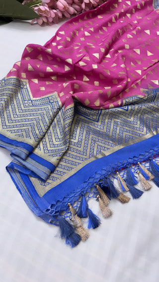 Moonga silk pink-blue contrast kadhwa duppata