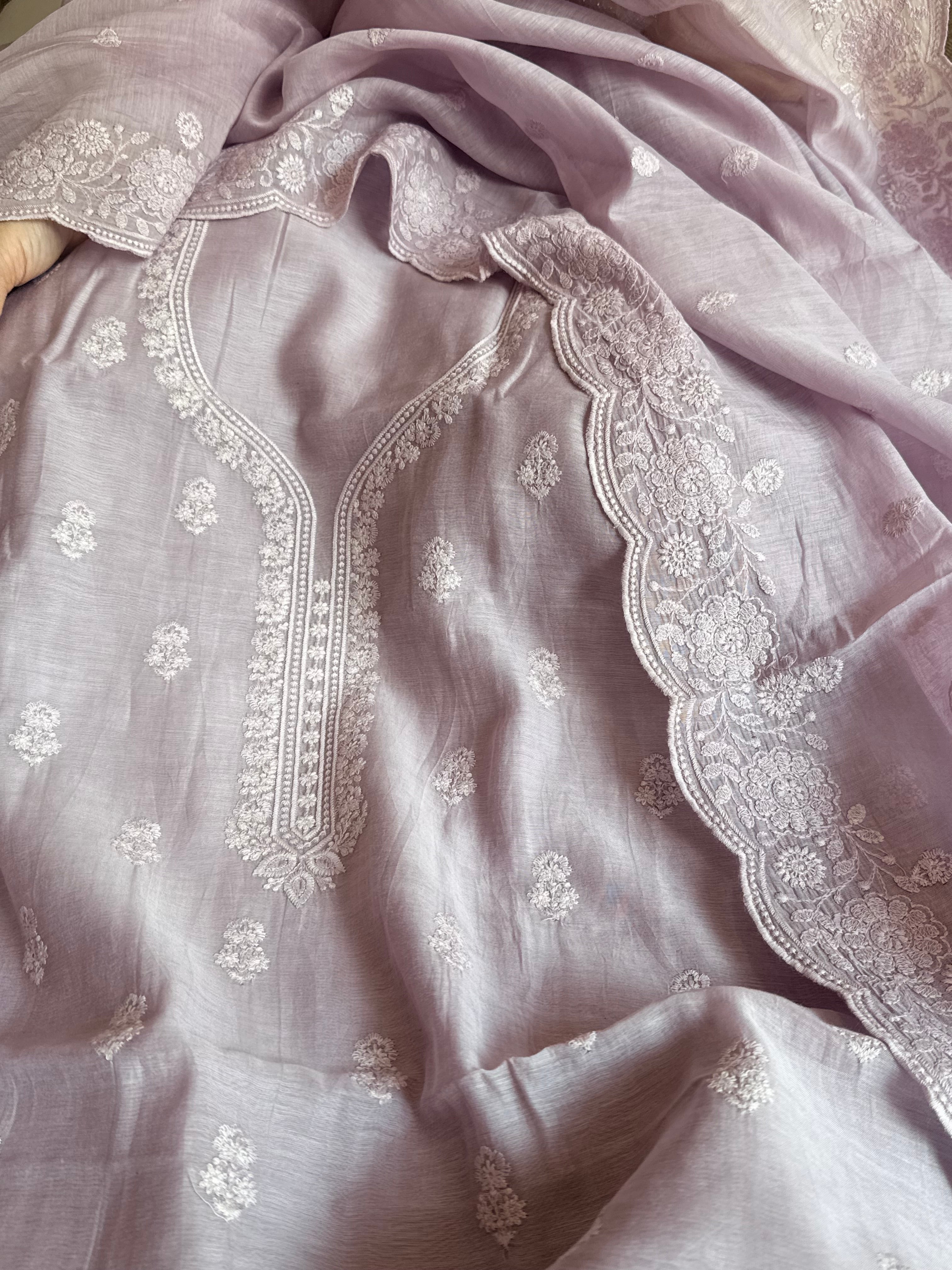 Dusty lilac mul cotton thread hand embroidered suit set