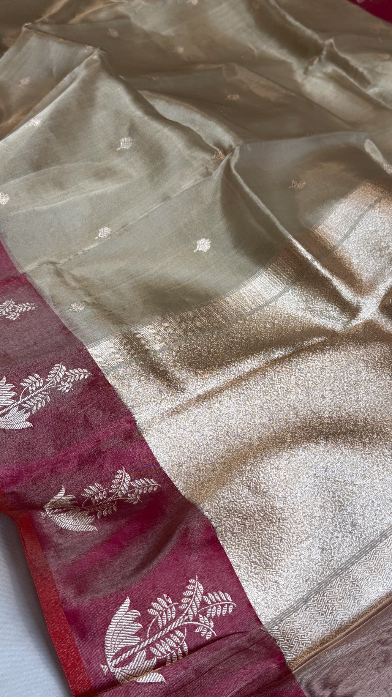 Katan tissue silver zari kadhwa buti saree with contrast border and blouse piece