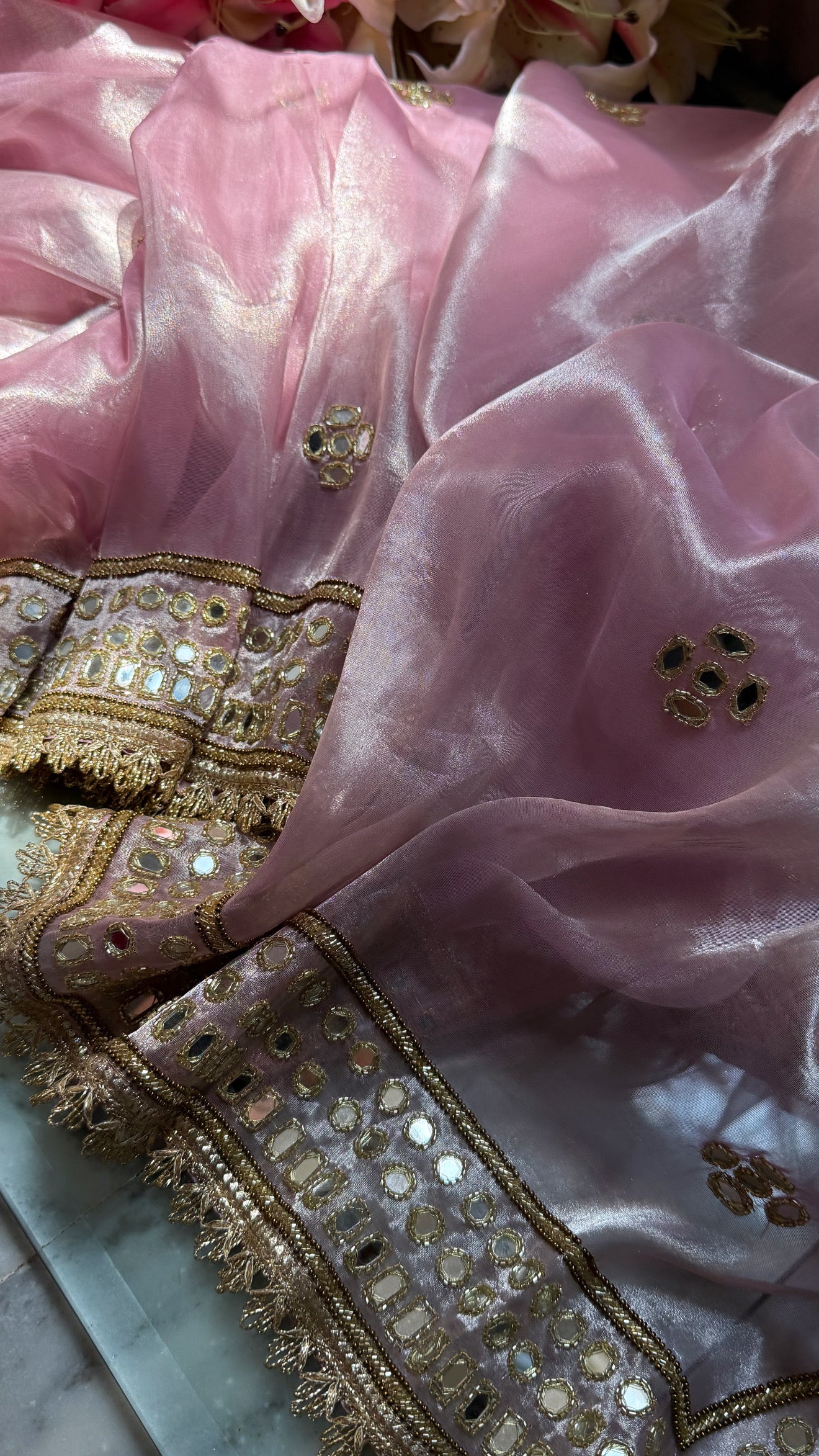 Engagement wali saree - Powder pink diamond tissue silk mirror work hand embroidered saree