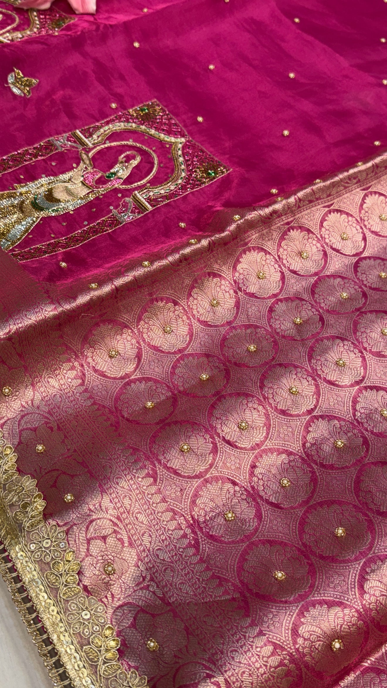 Karwachauth special - Hot metallic pink tissue silk hand embroidered kadhwa saree