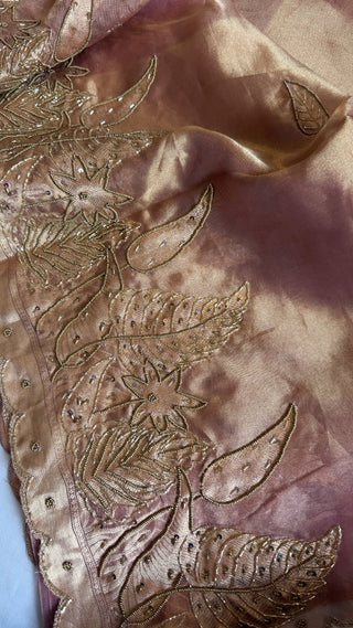Husn blush pink tissue silk heavy hand embroidered saree
