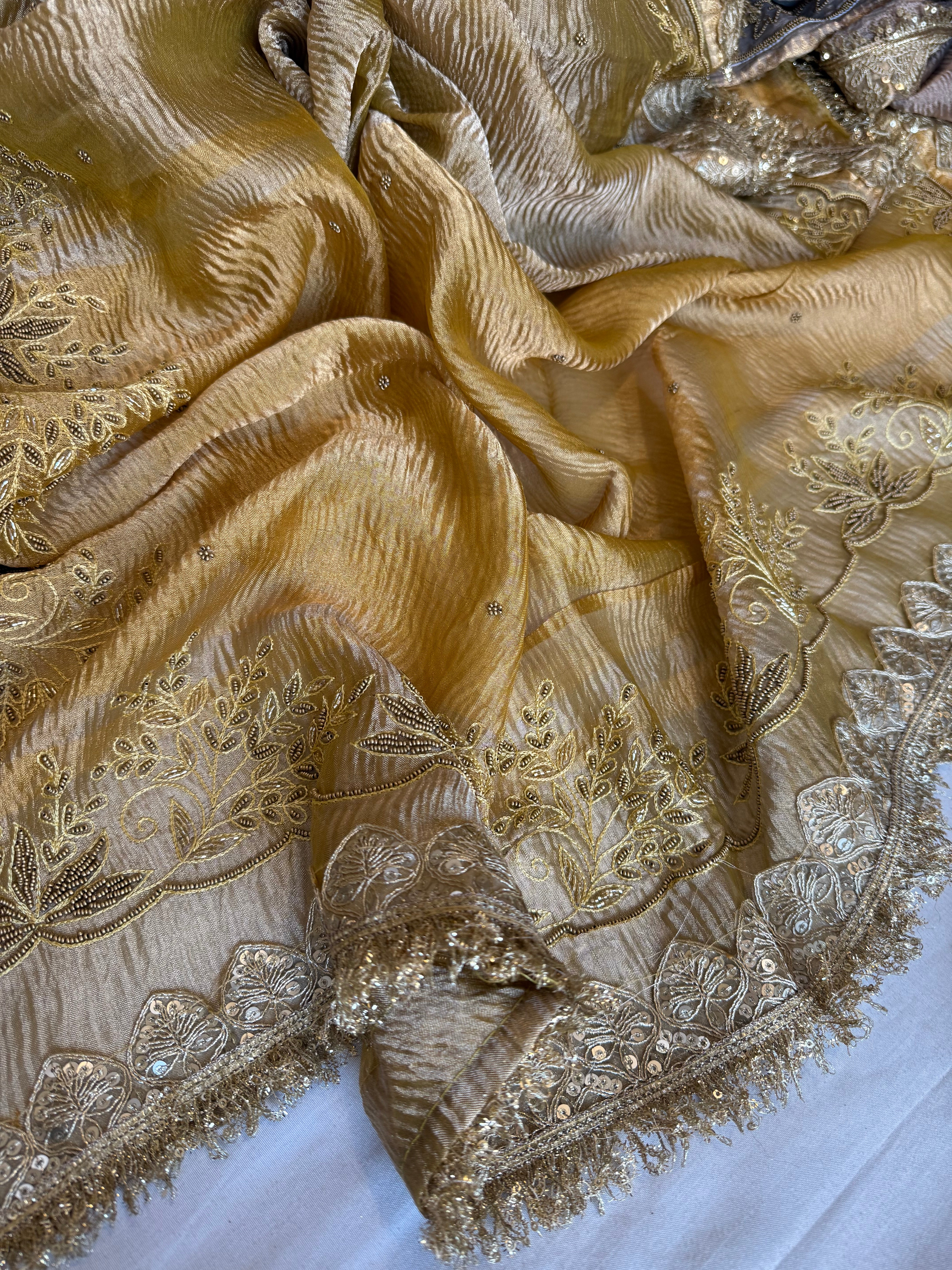 Olive gold crushed tissue silk hand embroidered kadhwa saree