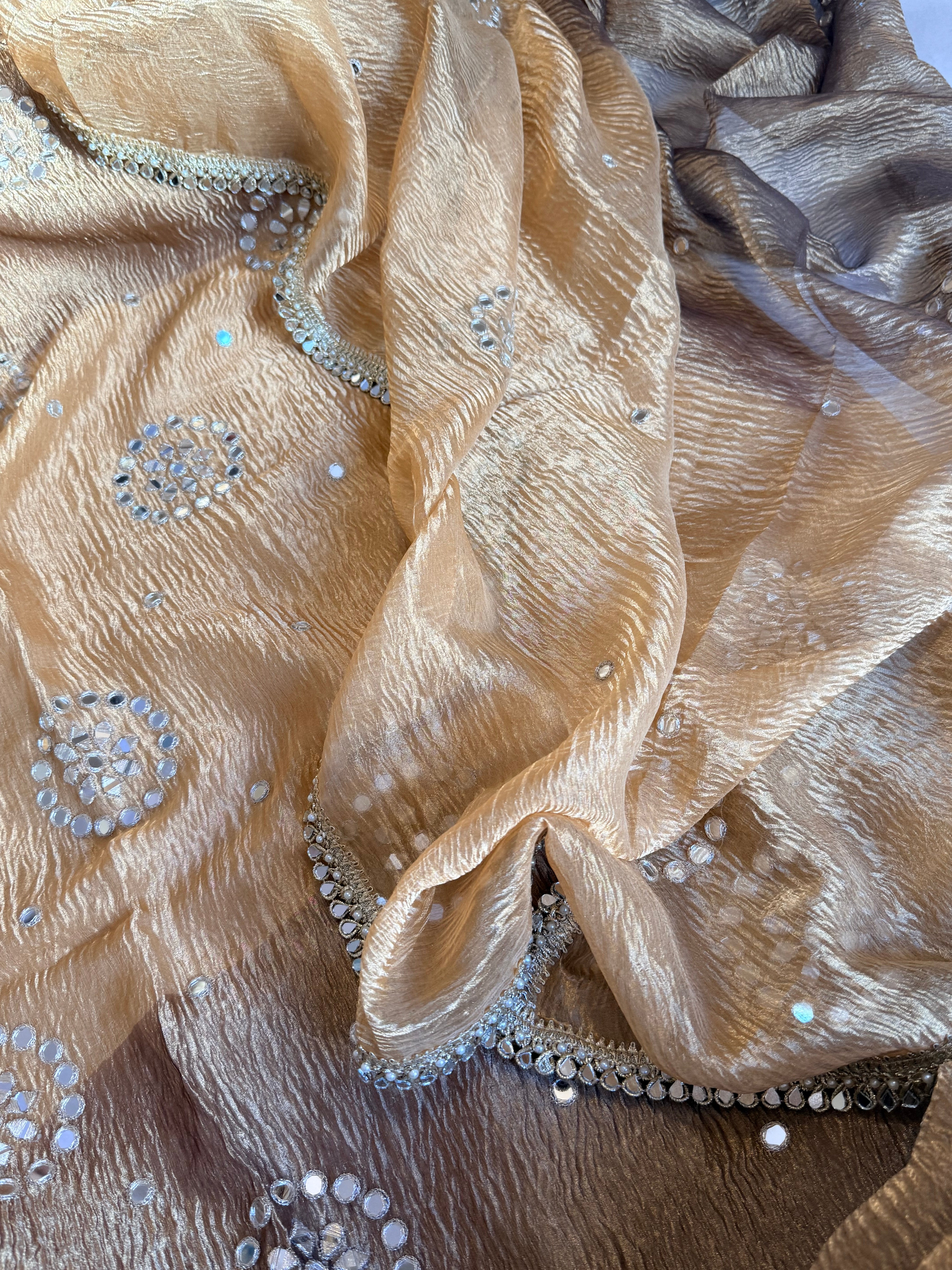 Banarasi tissue silk mirrorwork hand embroidered crushed suit sets