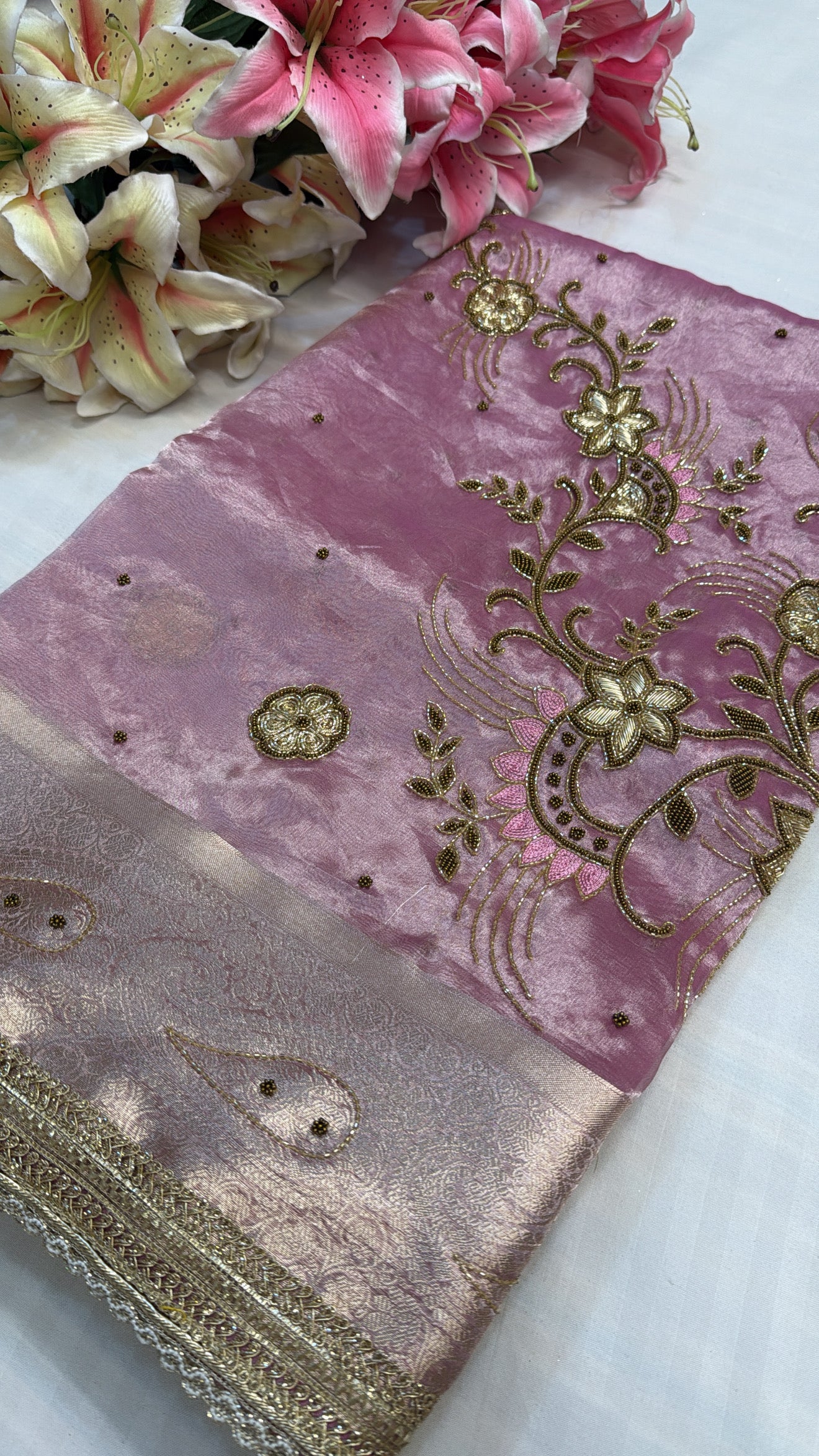 Blush metallic pink tissue silk hand embroidered kadhwa saree