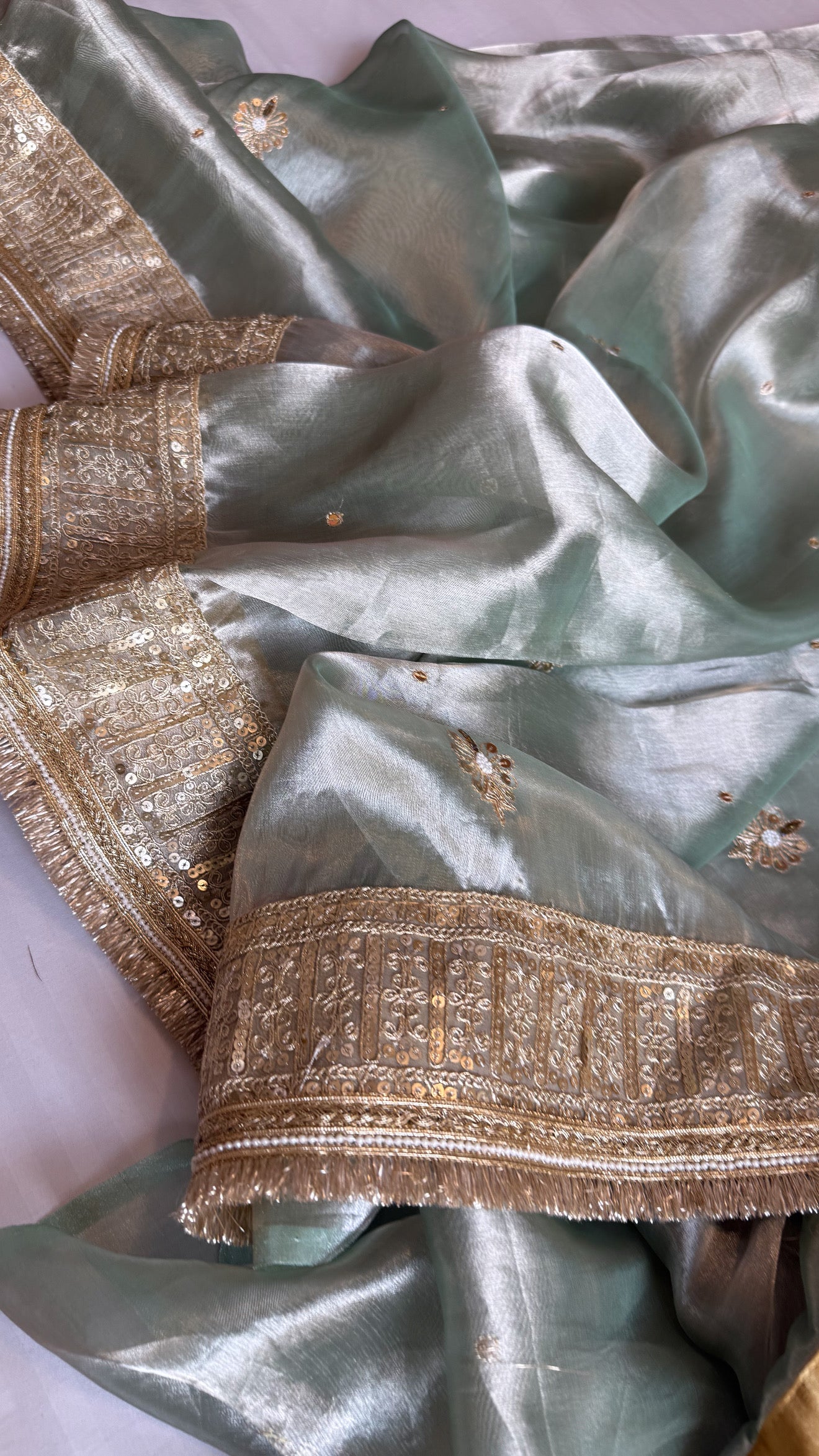 Hina khan inspired sage-green blush pink hand embroidered kadhwa tissue saree