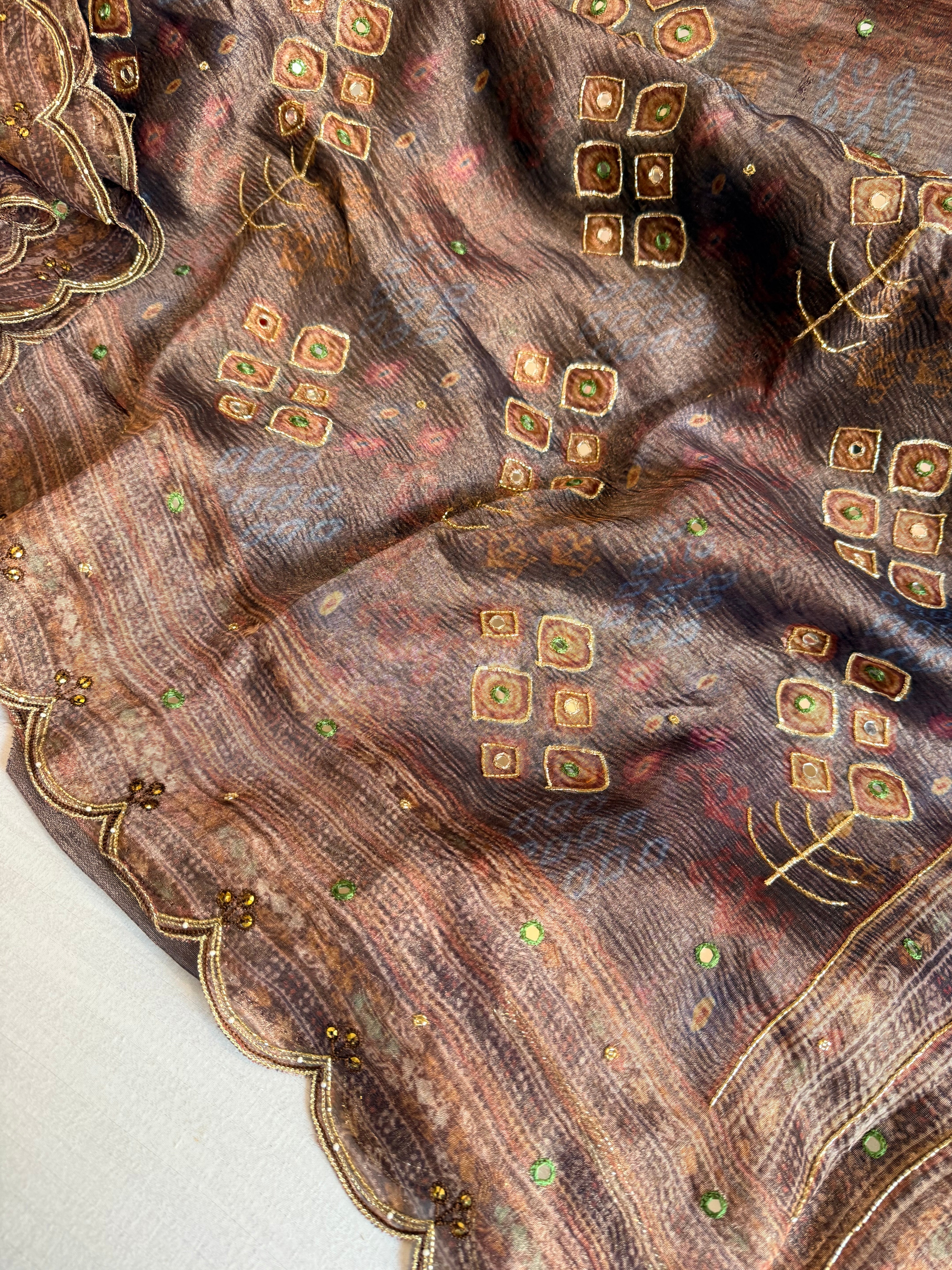 Printed tissue silk hand embroidered kadhwa gotapatti saree