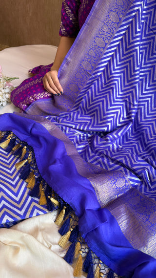 Shocking blue moonga silk sona rupa zari chevron weaving suit set