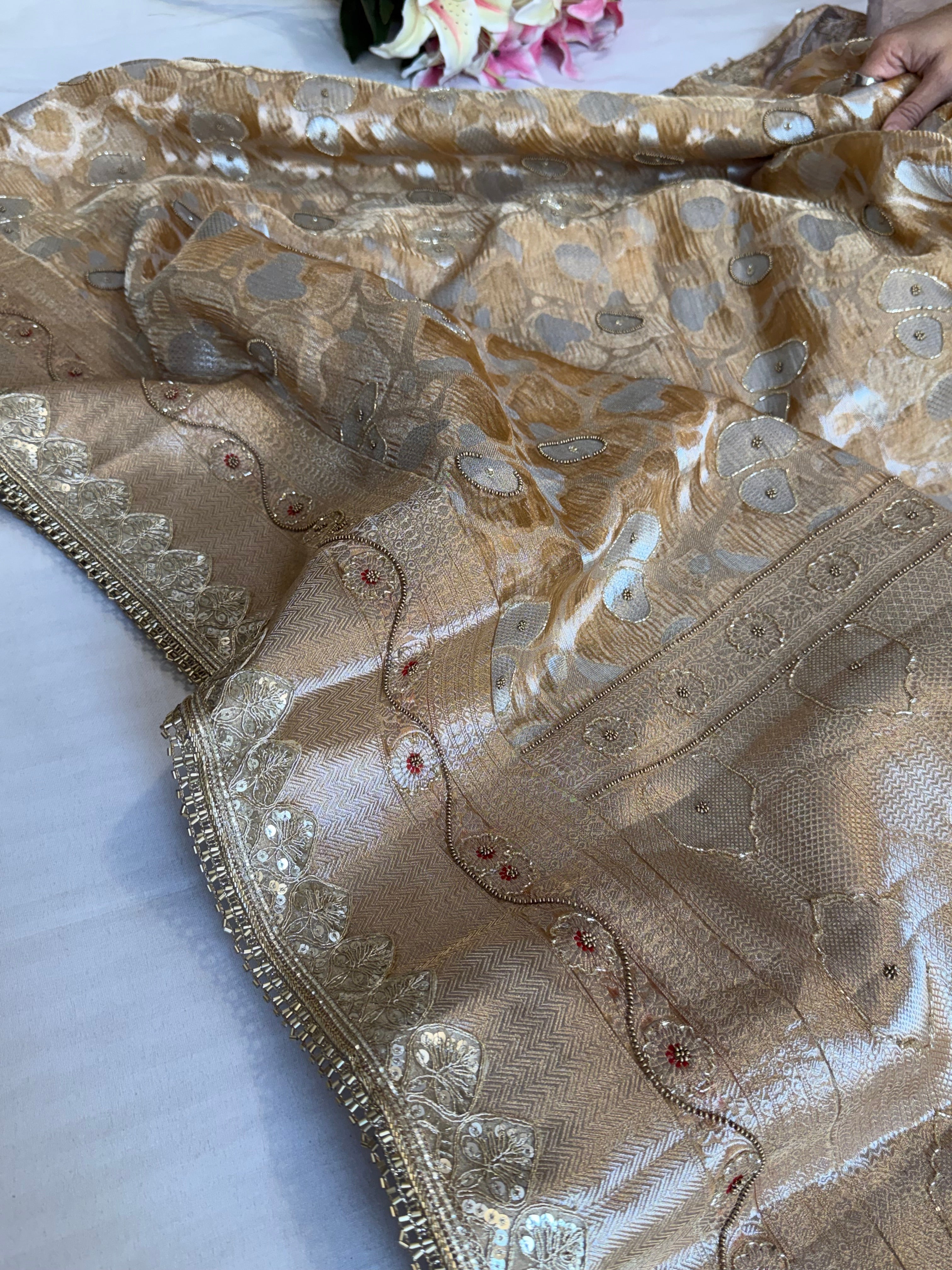 Mehfil sona rupa crushed tissue silk hand embroidered kadhwa saree