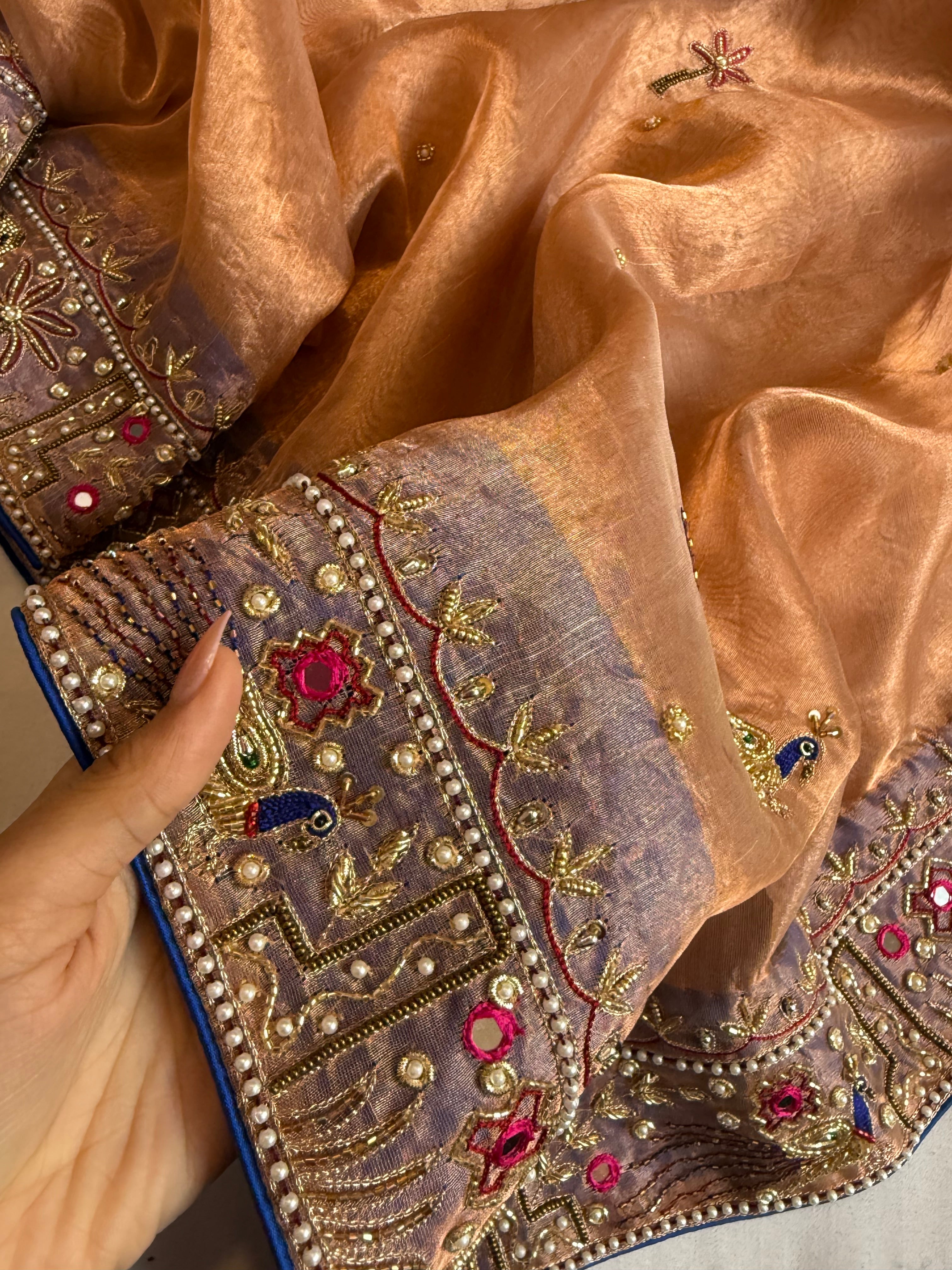 Sheeshmahal shikargah edit - Rose gold tissue silk hand embroidered elephant motif border kadhwa saree