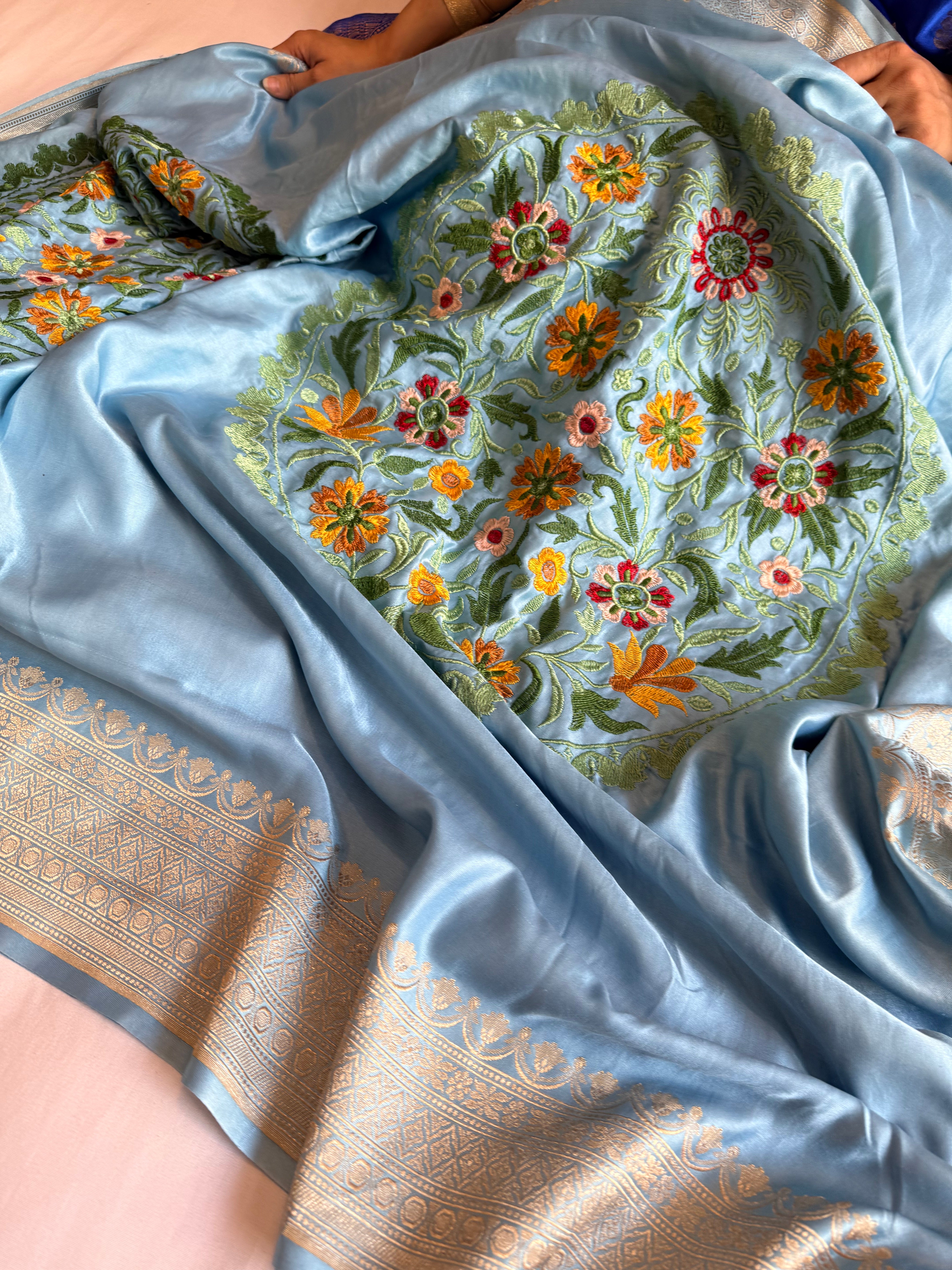 Ice blue banarasi mashru silk hand embroidered parsi gara work kadhwa saree