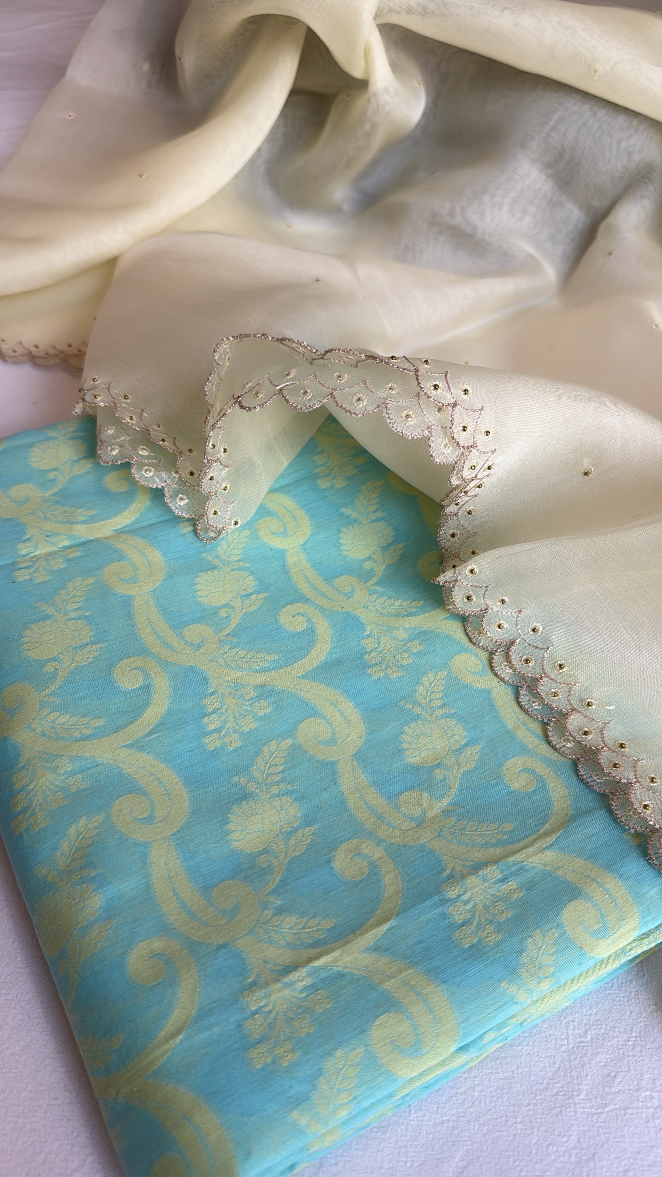 Cotton handloom kadhwa resham work kurta paired with kora silk scalloped hand embroidered duppata set