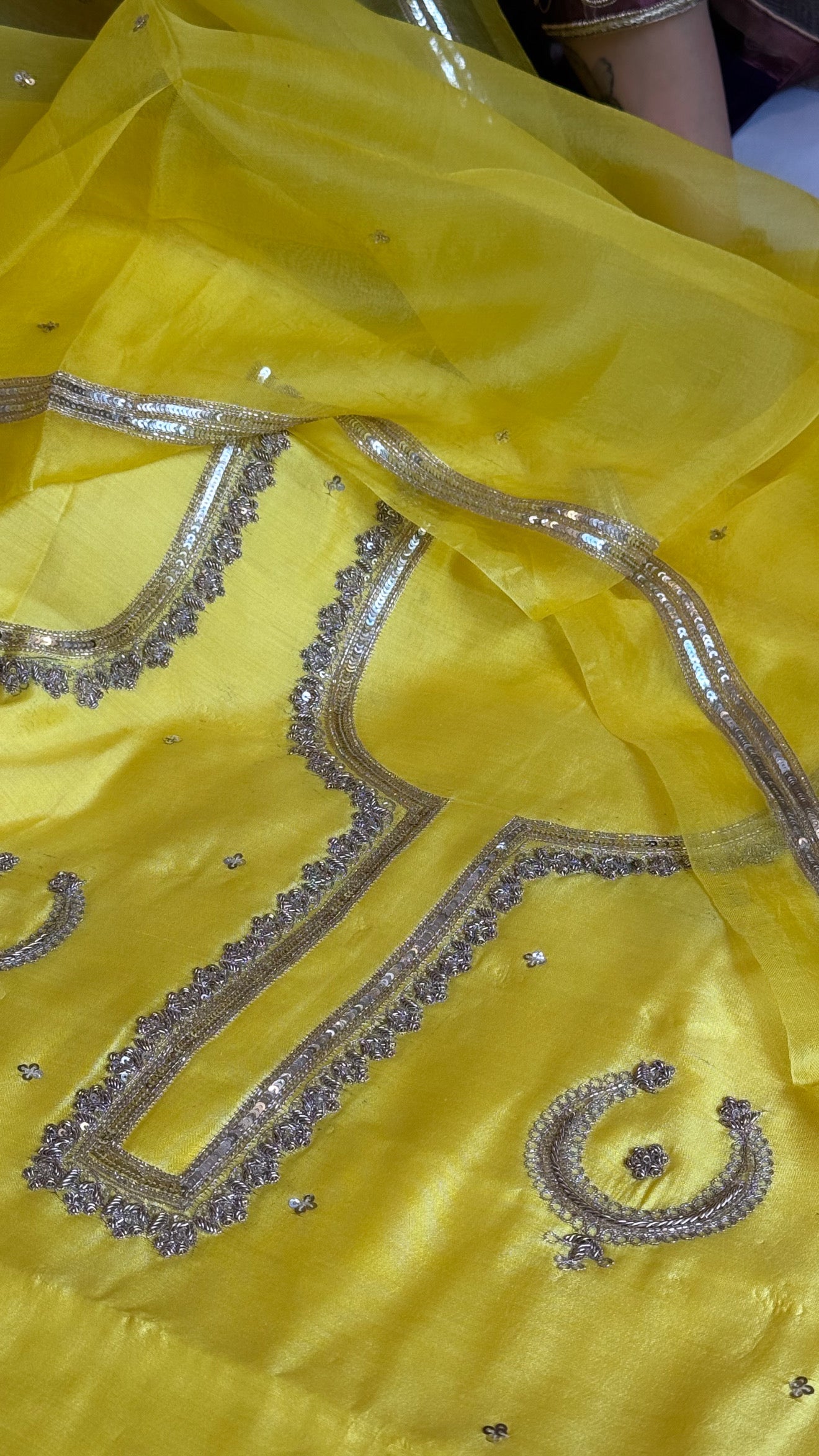 Nimbu yellow chand-buta chiniya silk kadhwa hand embroidered kurta paired with kora silk hand embroidered duppata set