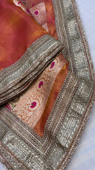 Maharani peachish-orange tissue tanchoi jamevar meenakari saree