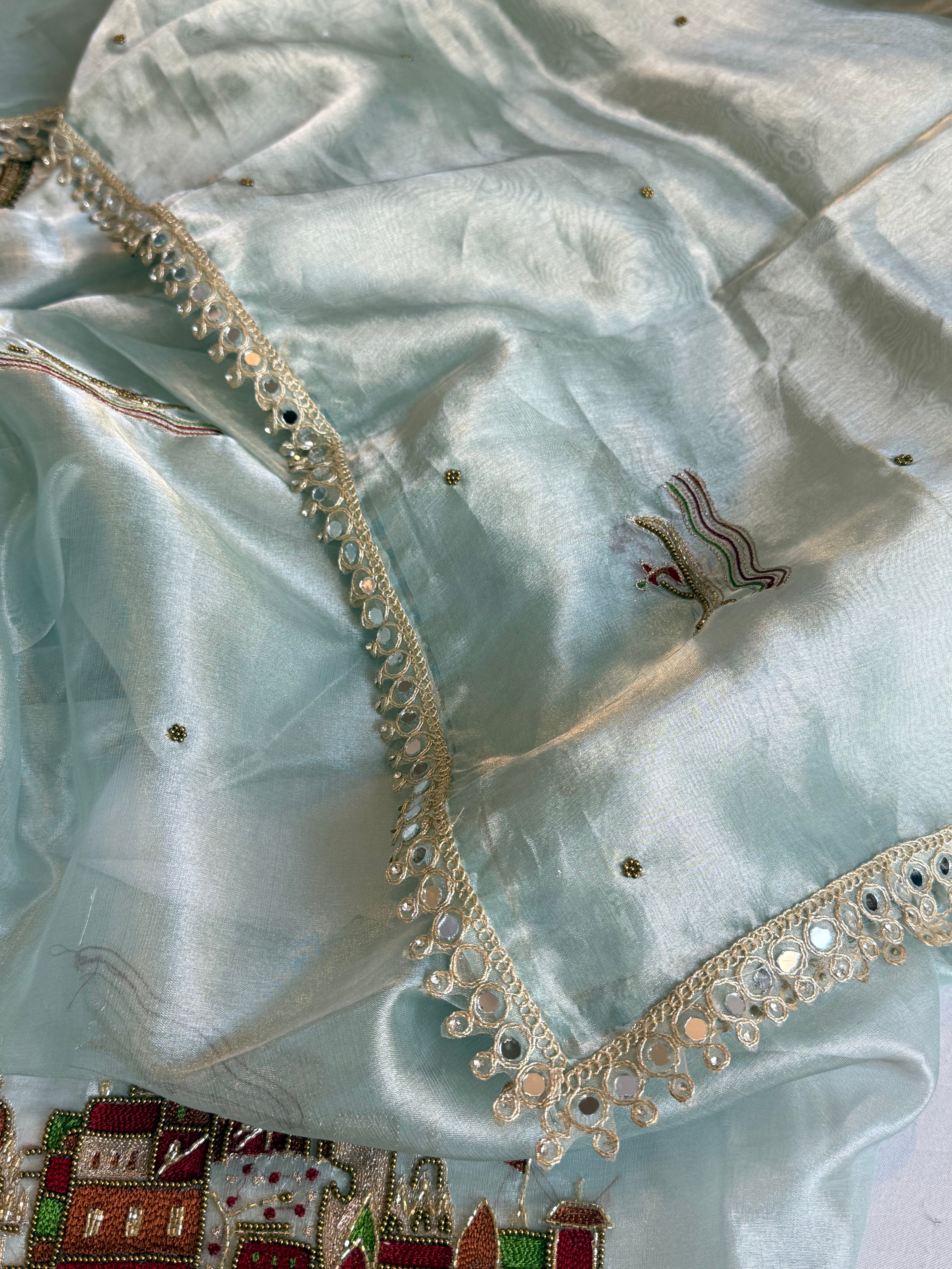 Ghat Banarasiya edit - Ice water blue diamond tissue silk hand embroidered suit