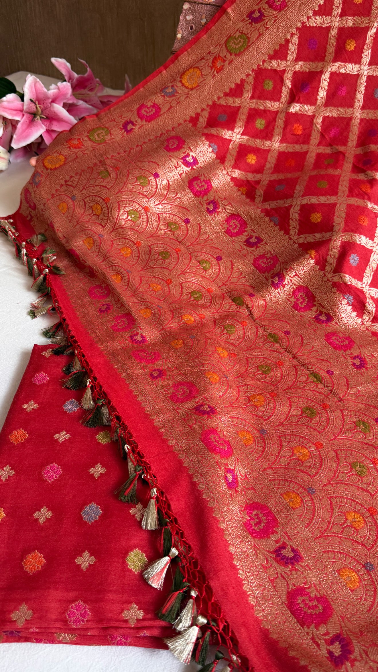 Moonga silk meenakari chaukadi duppata kadhwa jungla suit set