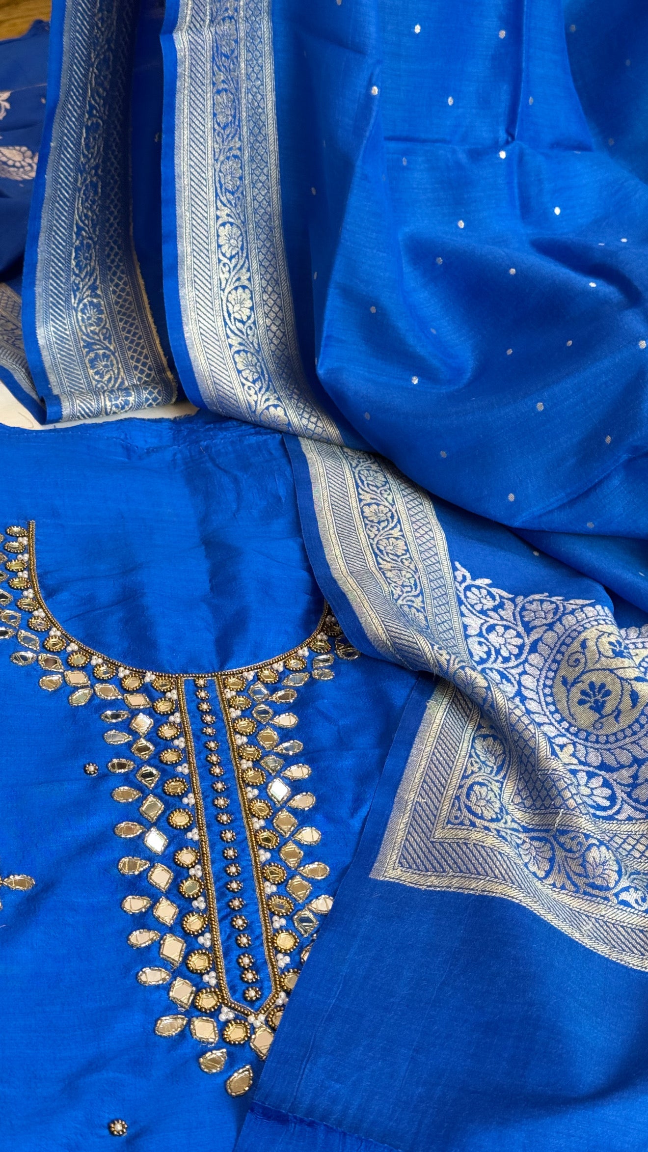 Sheesham ink blue mirror work hand embroidered katan silk suit set