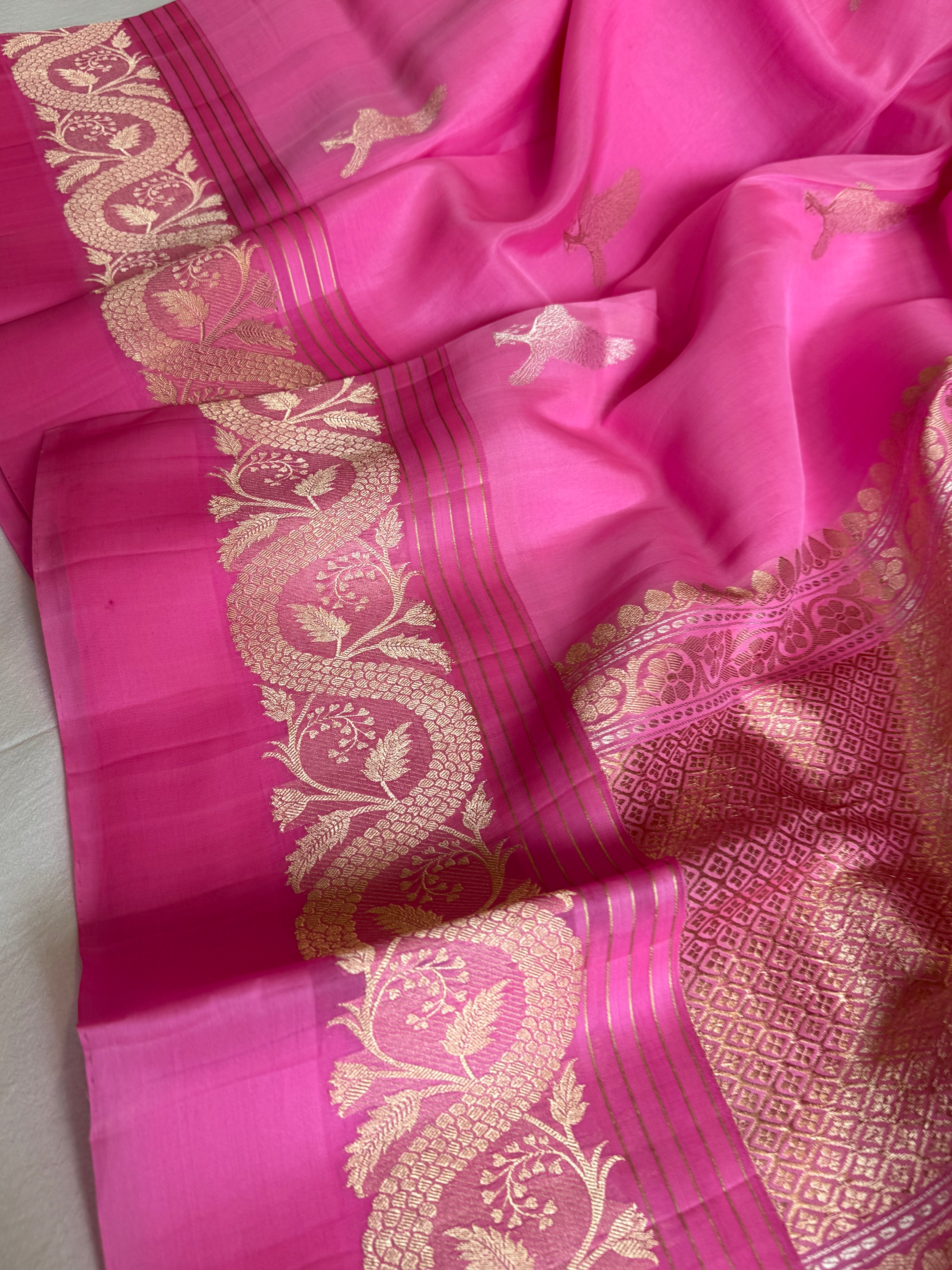 Strawberry pink banarasi kora silk hand embroidered saree