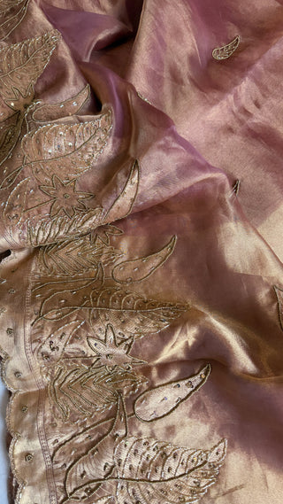 Husn blush pink tissue silk heavy hand embroidered saree