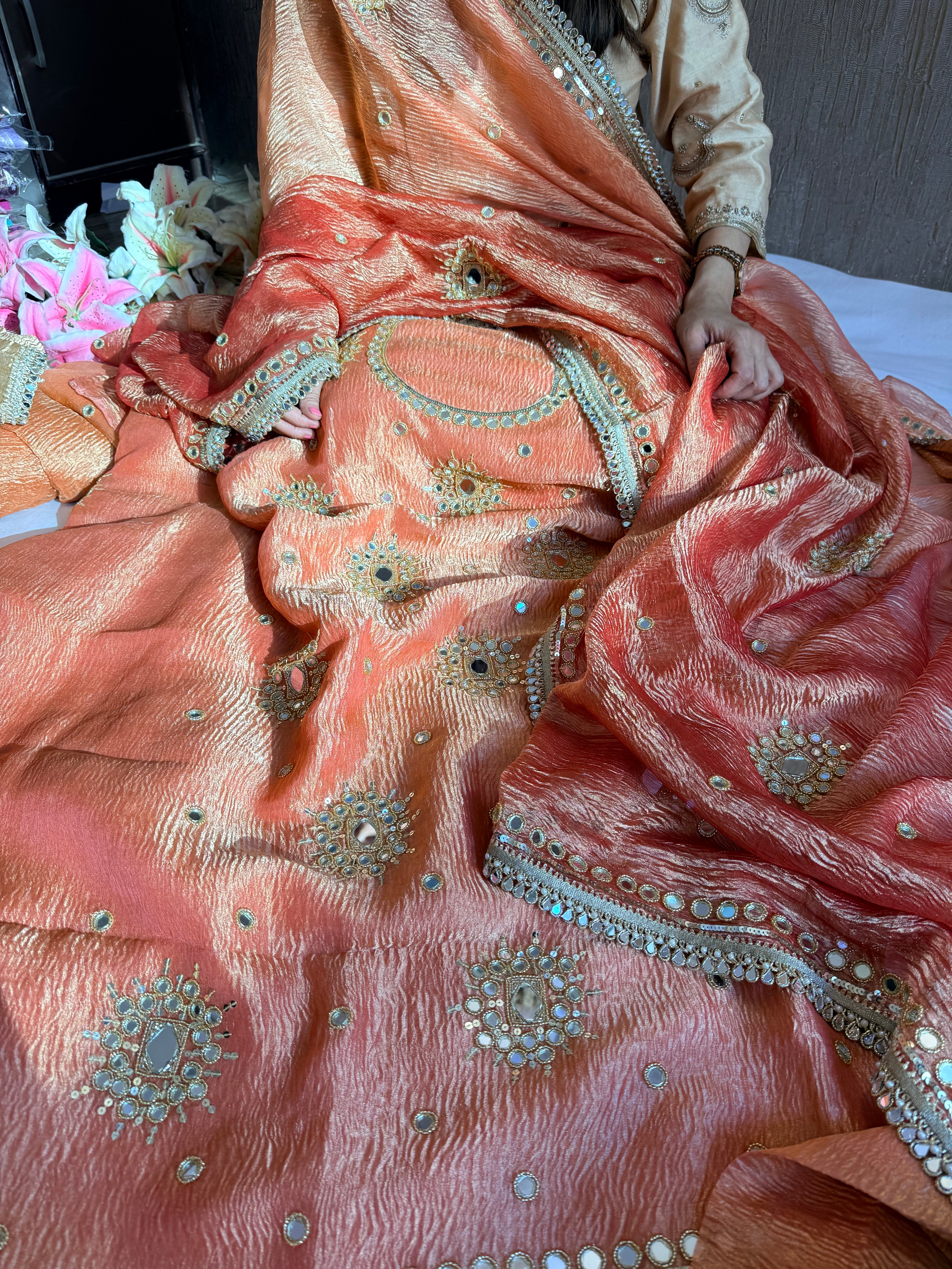 Banarasi tissue silk mirrorwork hand embroidered crushed suit sets