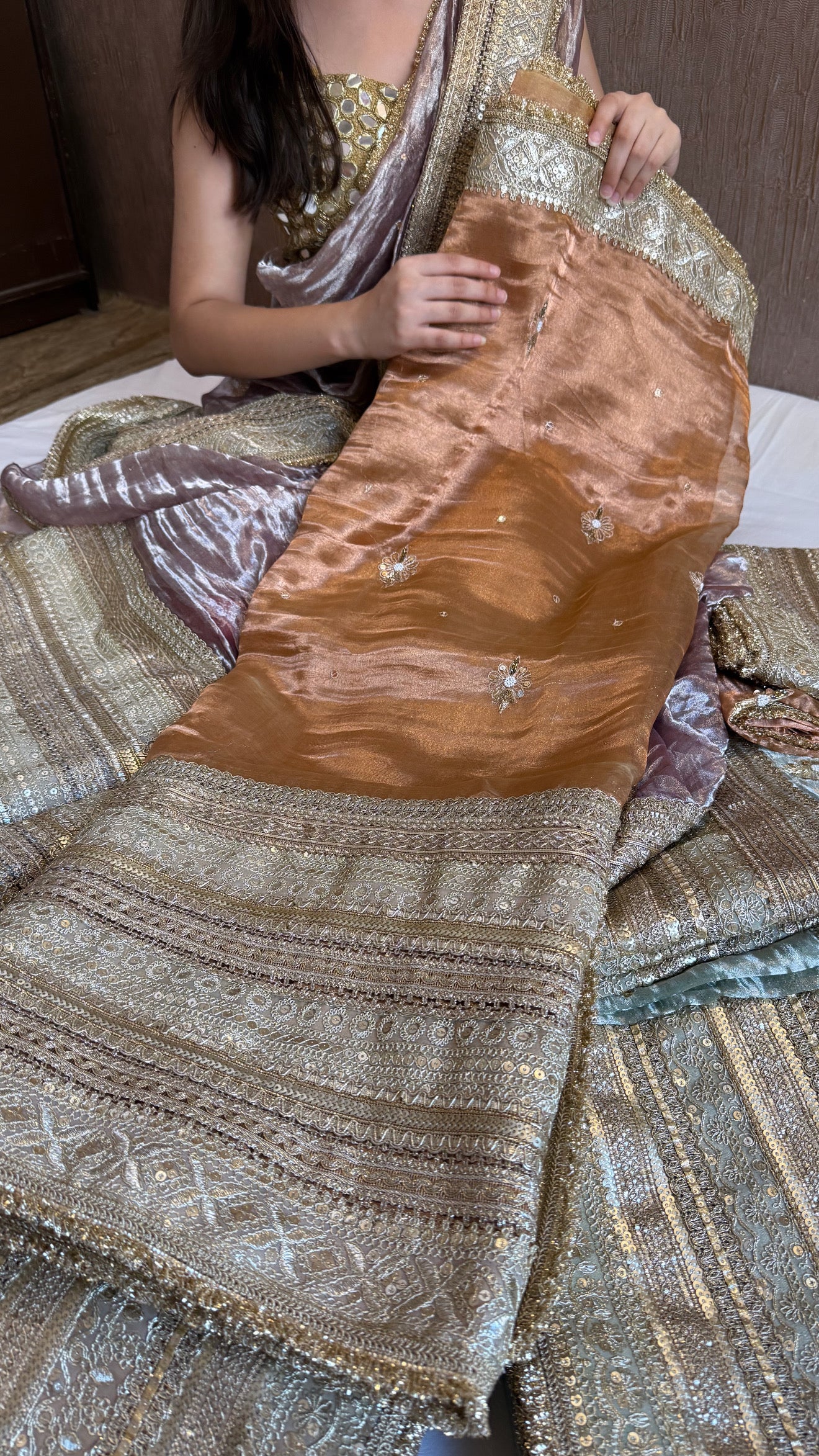 Lehenga style saree edit- Mud brown diamond tissue silk tilli work heavy gotapatti skirt border saree