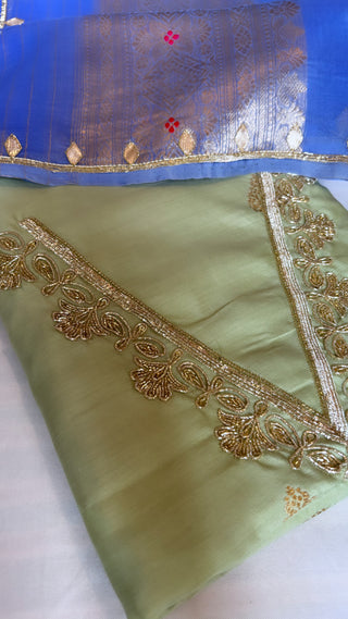 Mint green-persian blue hand embroidered silk suit set from vyaah wala ghar edit