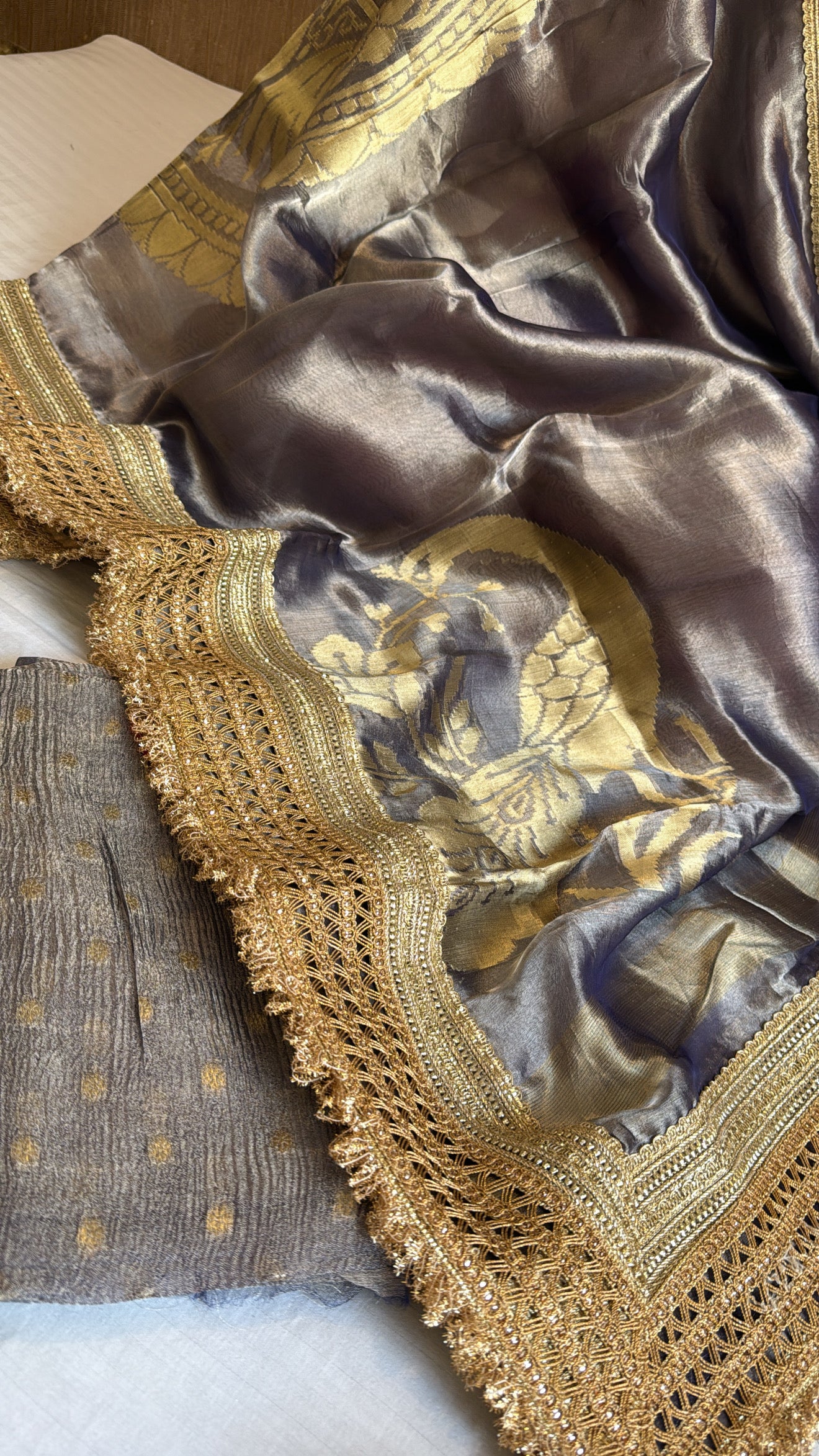 Steel grey crushed tissue silk kadhwa banarasi suit set