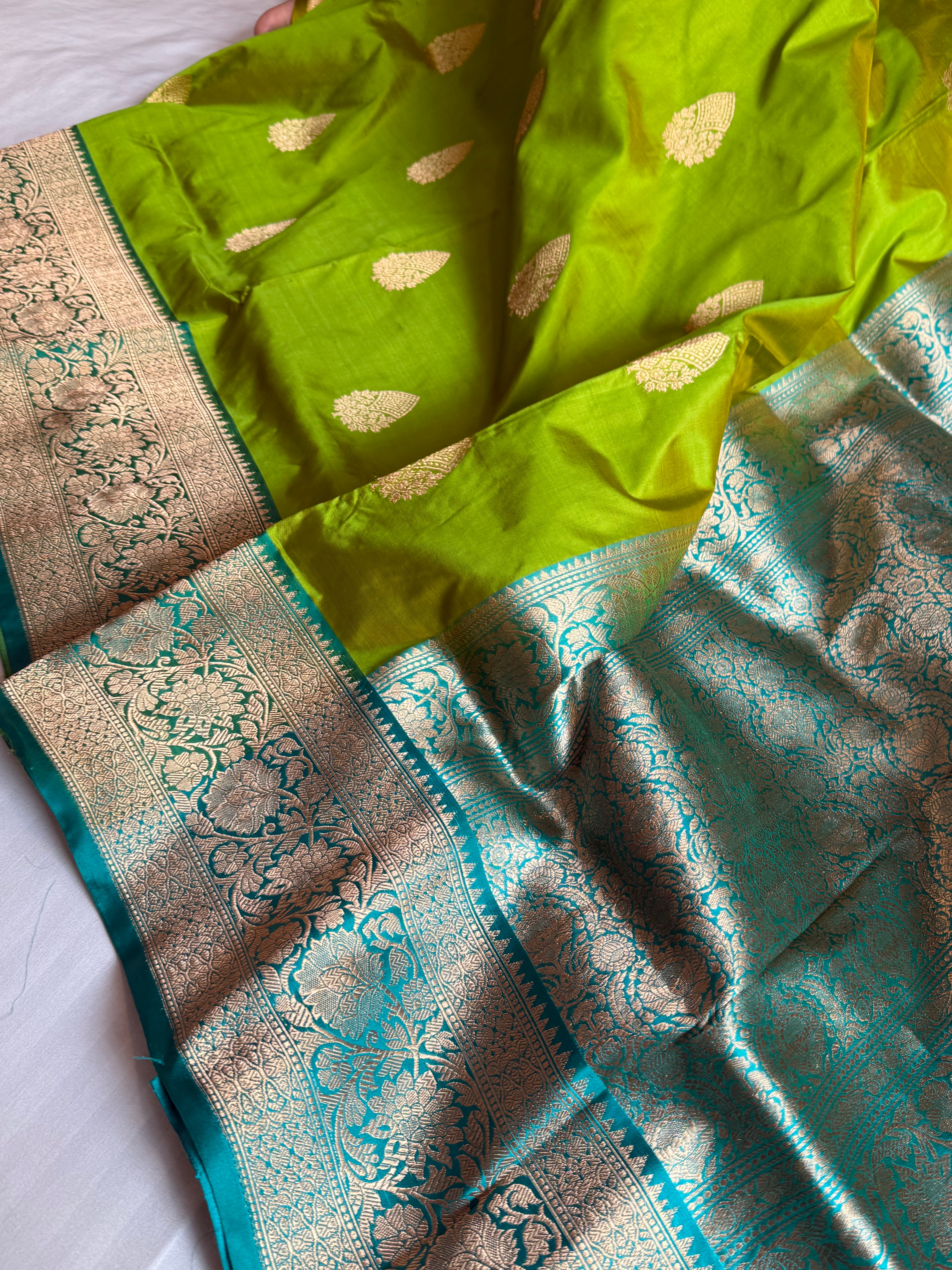 Grass green-firozi blue contrast combination katan silk kadhwa saree