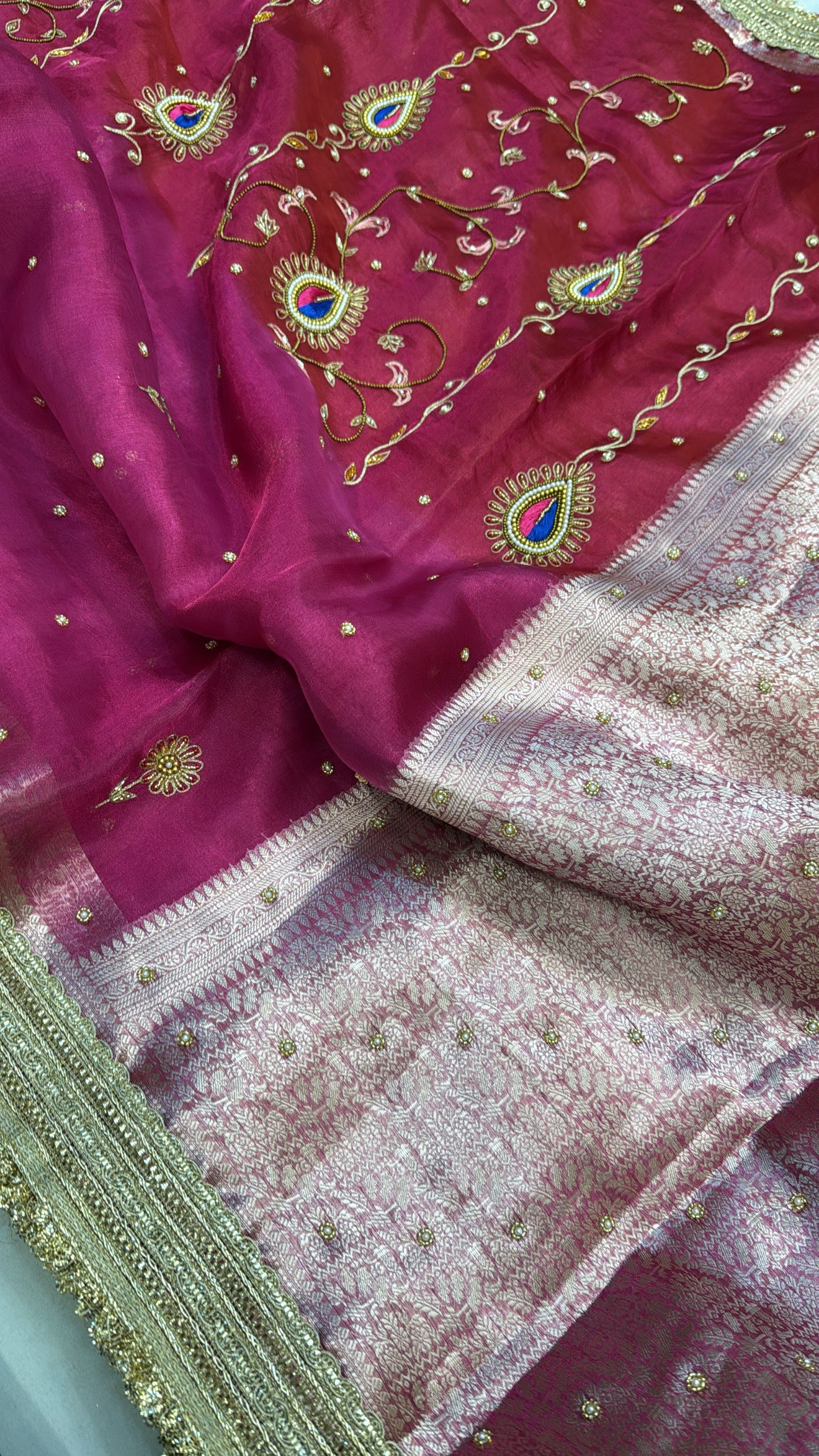 Magenta pink ombre shaded zardozi work husn tissue silk hand embroidered saree