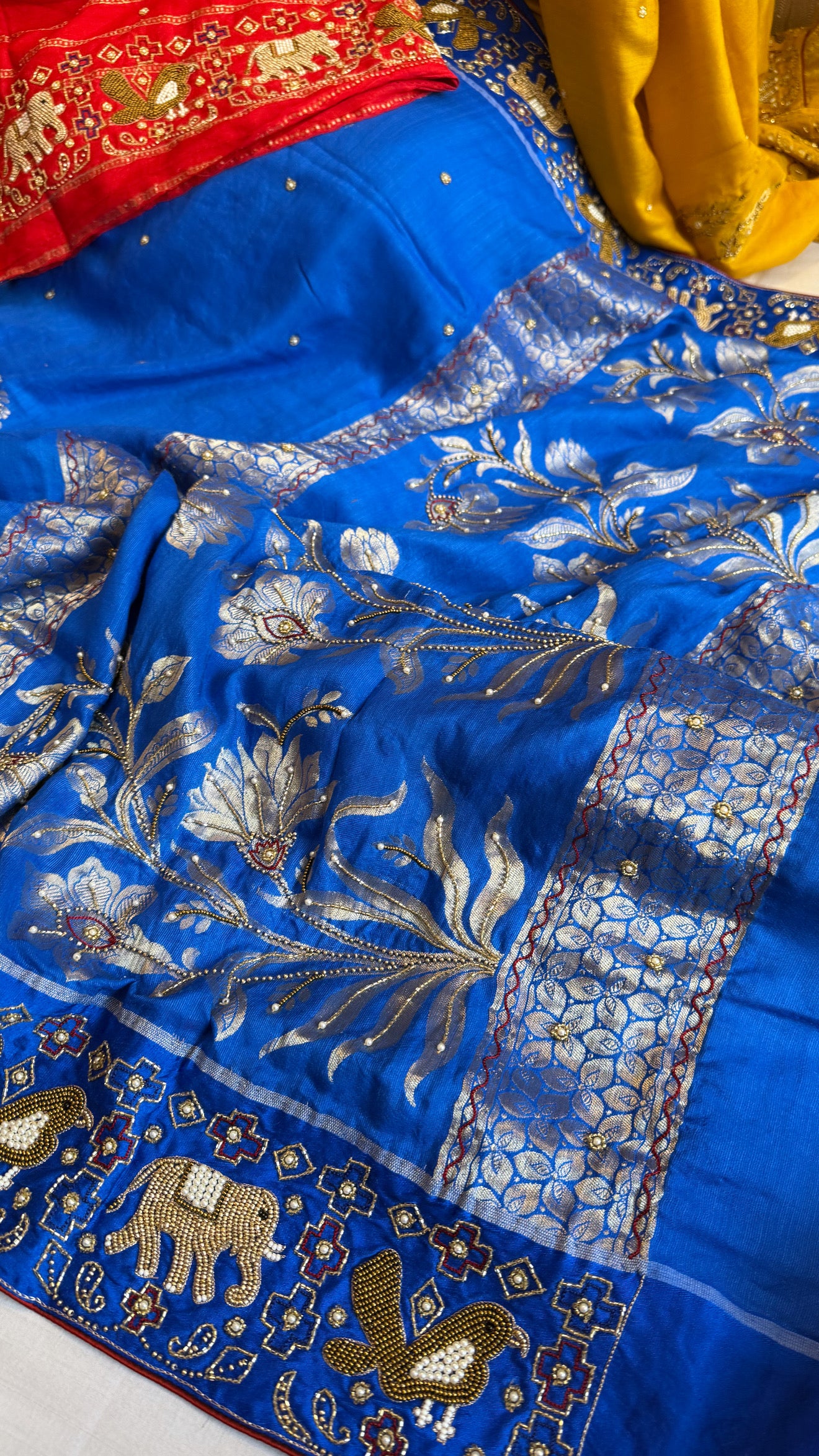 Moonga silk inspired ikkat patola inspired hand embroidered kadhwa saree