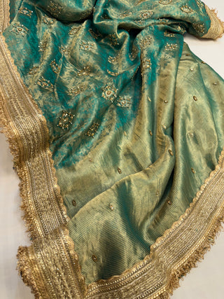 Cocktail wali saree - Teal green tissue silk heavy hand embroidered saree