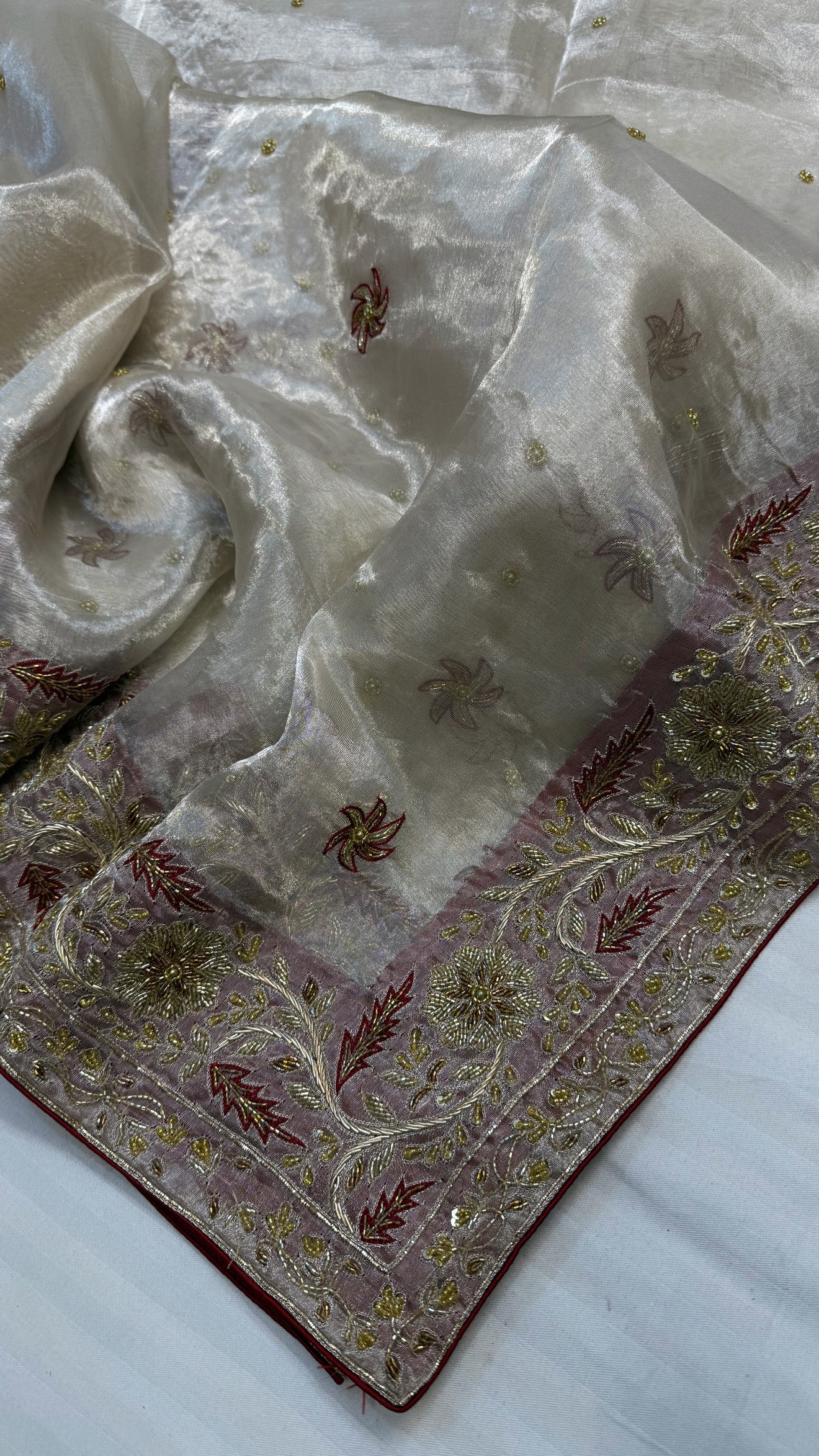 Gulab ki pankhuri husn tissue silk heavy zardozi border hand embroidered saree