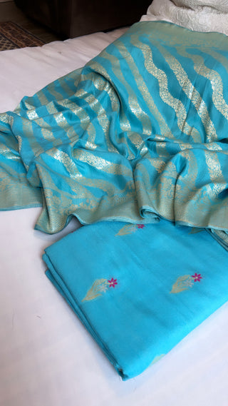 Aasmani blue moonga silk meenedar jaal suit set